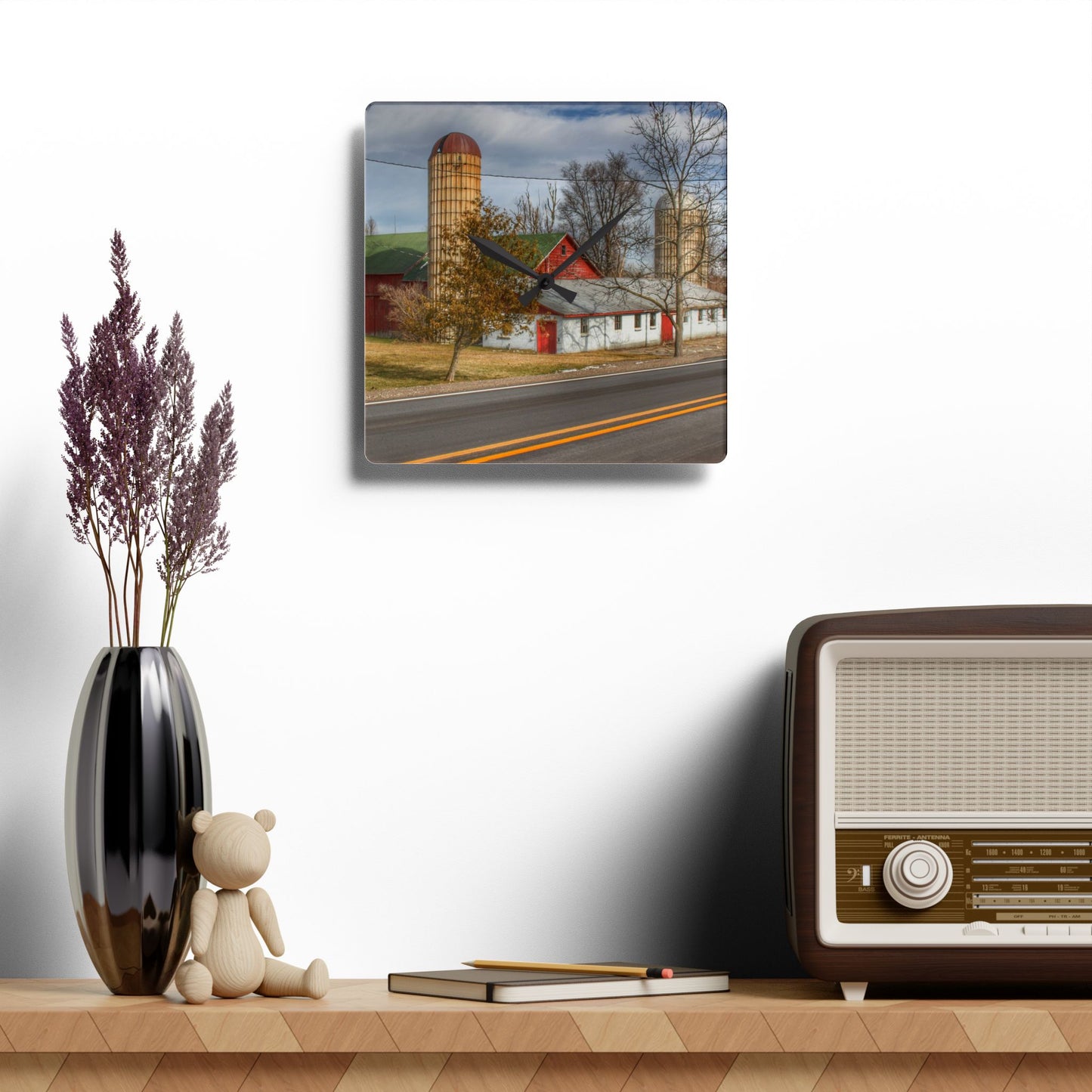 U R There Photography Newark Road Red and Silos III Rustic Farmhouse Acrylic Analog Wall Clock