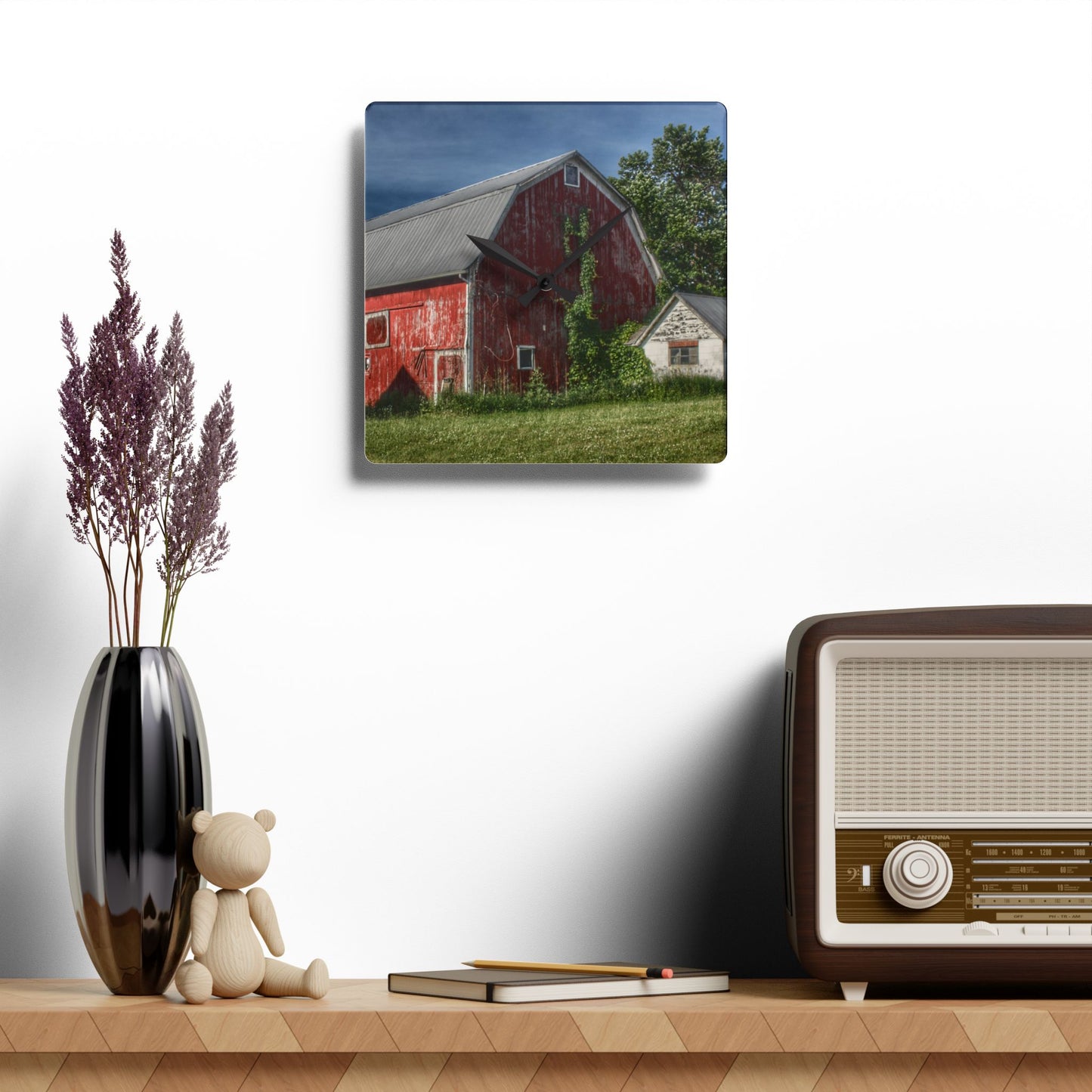 U R There Photography Stanley Road Red in Summer I Rustic Farmhouse Acrylic Analog Wall Clock