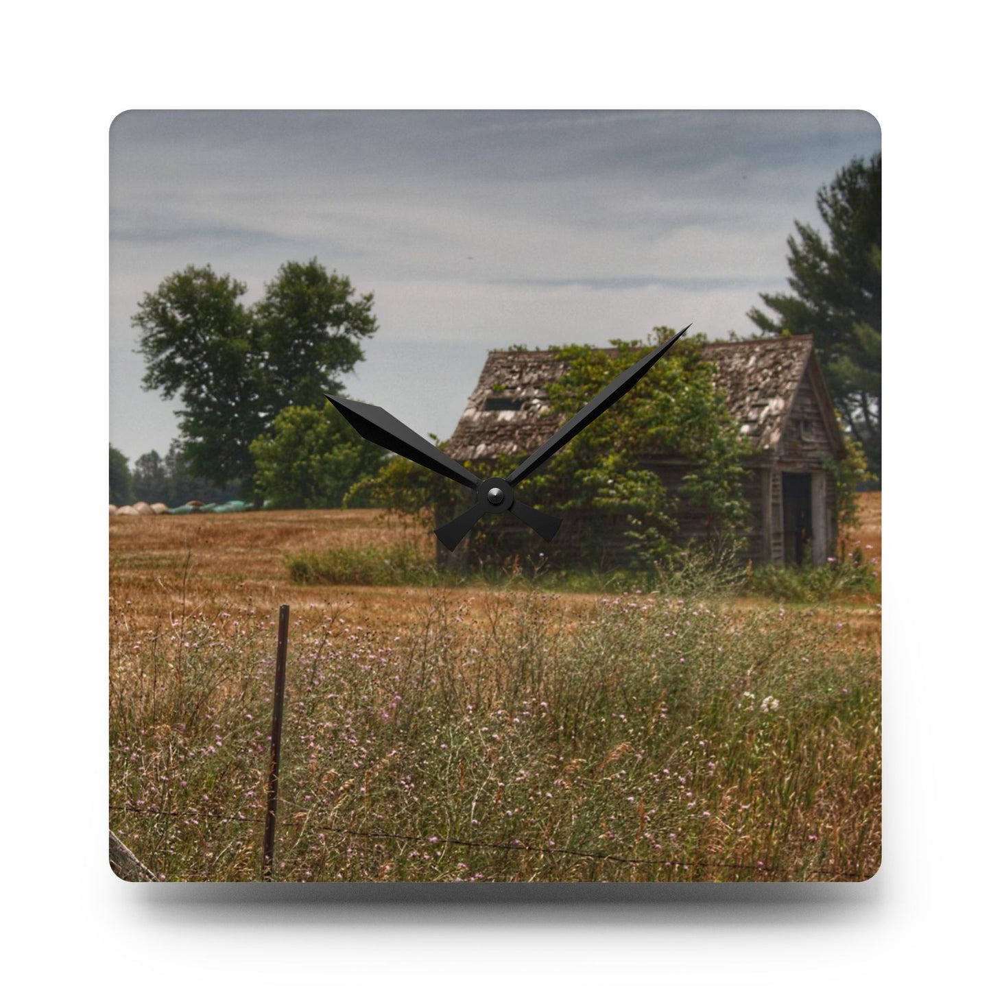 U R There Photography Waterman Road Shack Beyond the Fence Rustic Farmhouse Acrylic Analog Wall Clock