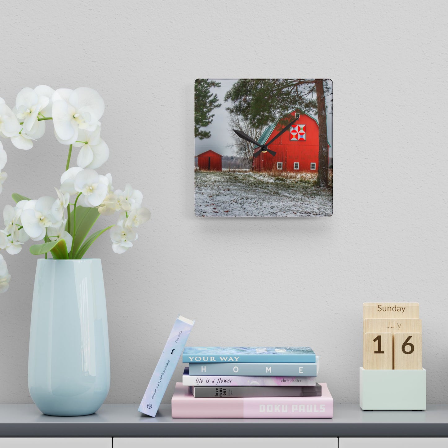 U R There Photography McKail Road Quilted Red Rustic Farmhouse Acrylic Analog Wall Clock