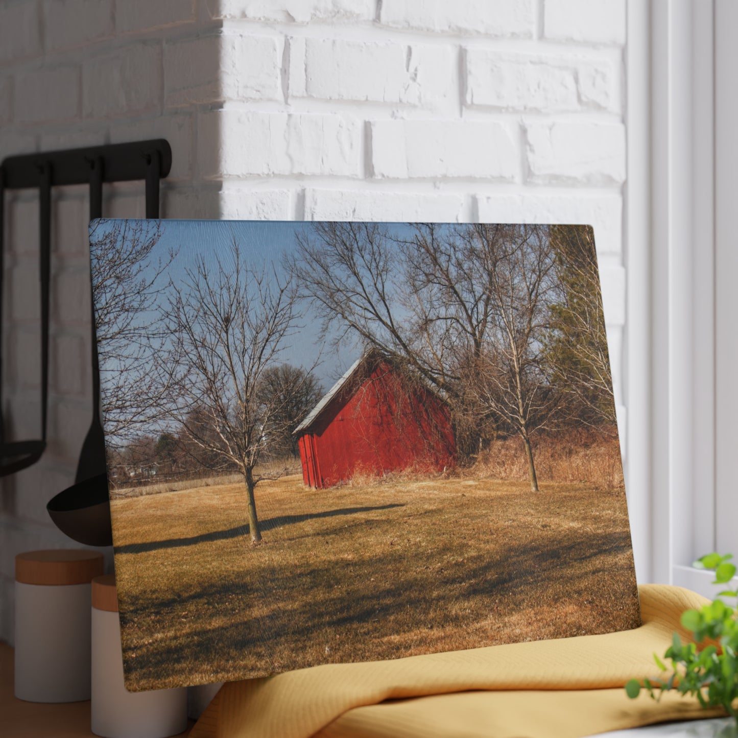 U R There Photography Romeo Plank Little Red Rustic Farmhouse Tempered-Glass Cutting Board