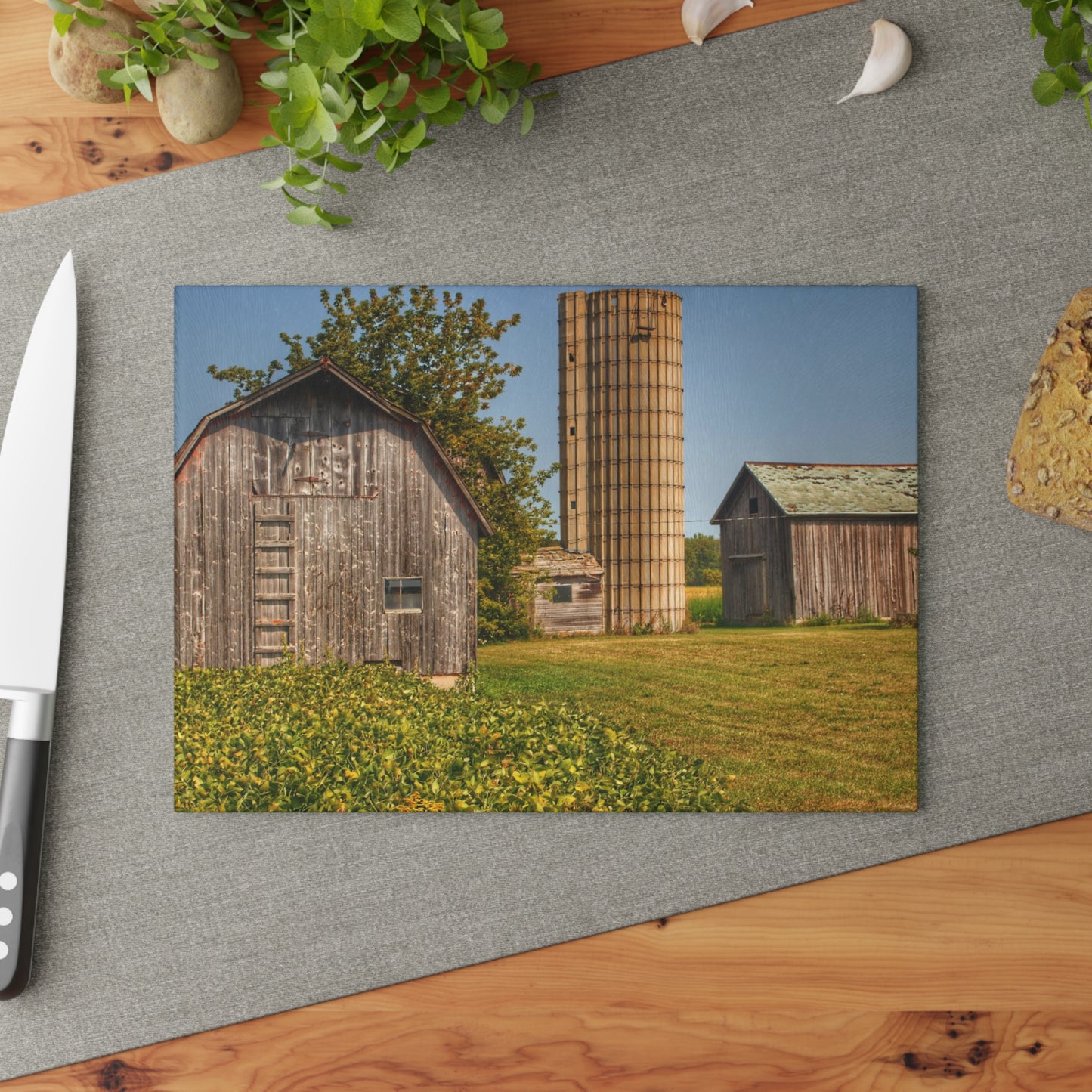 U R There Photography Swaffer Mini Greys and Silos Rustic Farmhouse Tempered-Glass Cutting Board