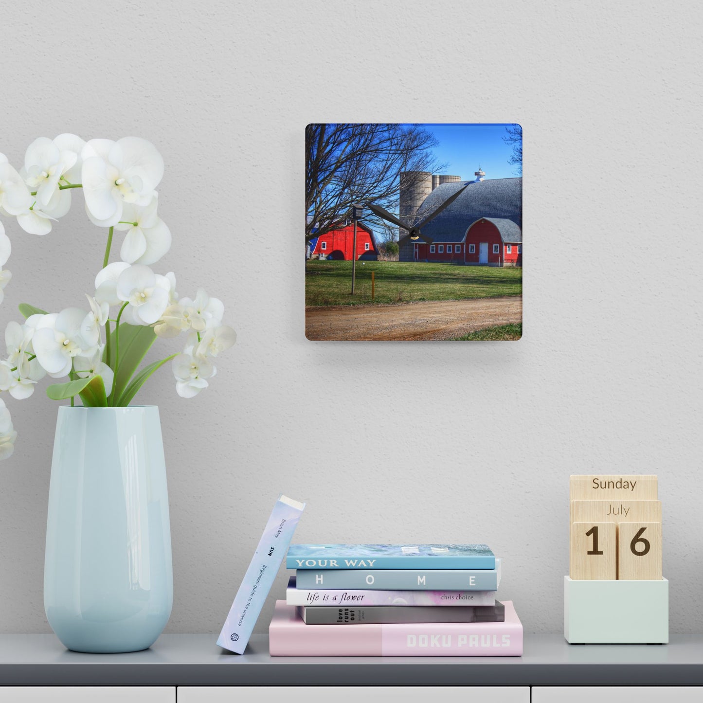 U R There Photography Hough Road Reds and Silo II Rustic Farmhouse Acrylic Analog Wall Clock