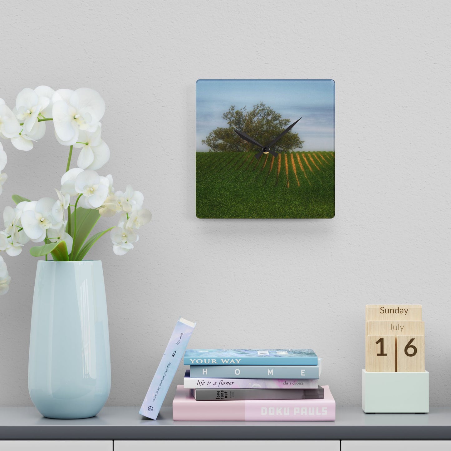 U R There Photography Tree Overlooking Farm Field Rustic Farmhouse Acrylic Analog Wall Clock