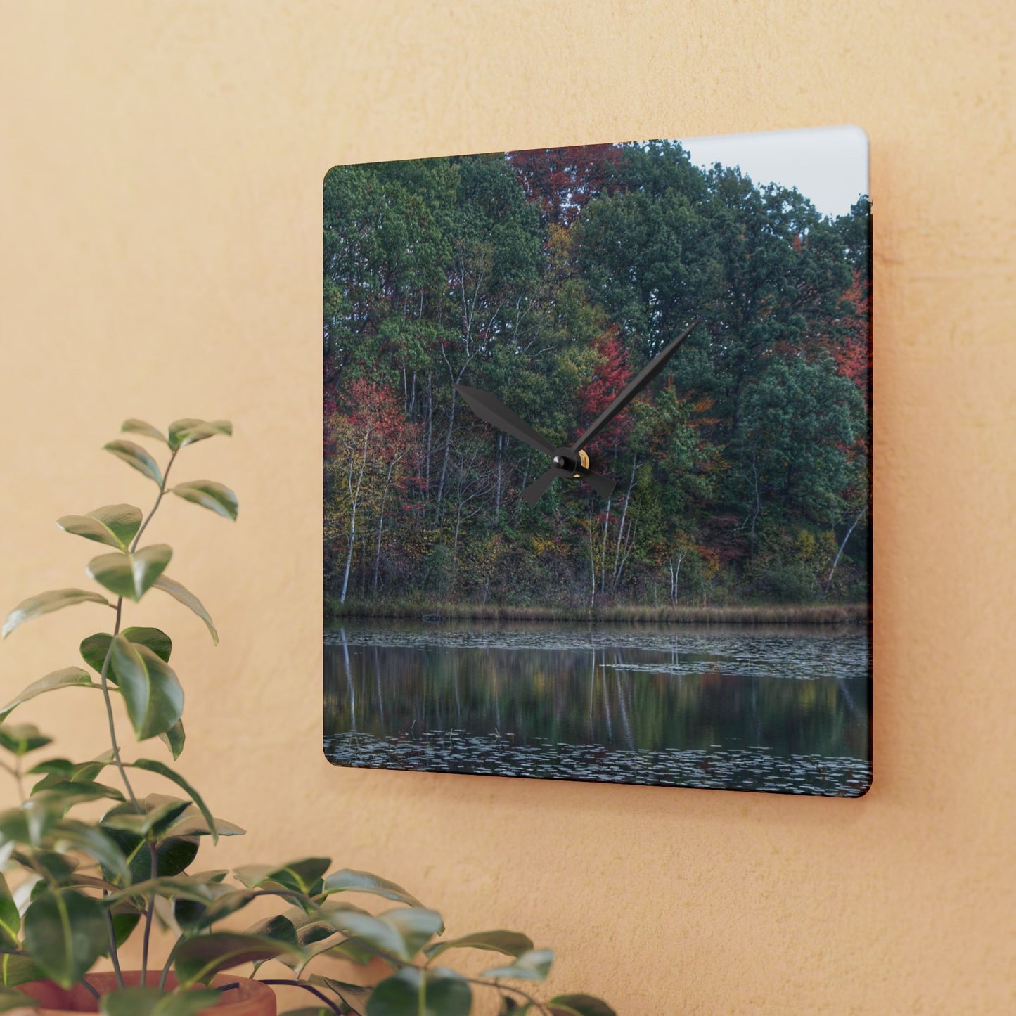 U R There Photography Fall on Murphy Lake IV Rustic Farmhouse Acrylic Analog Wall Clock