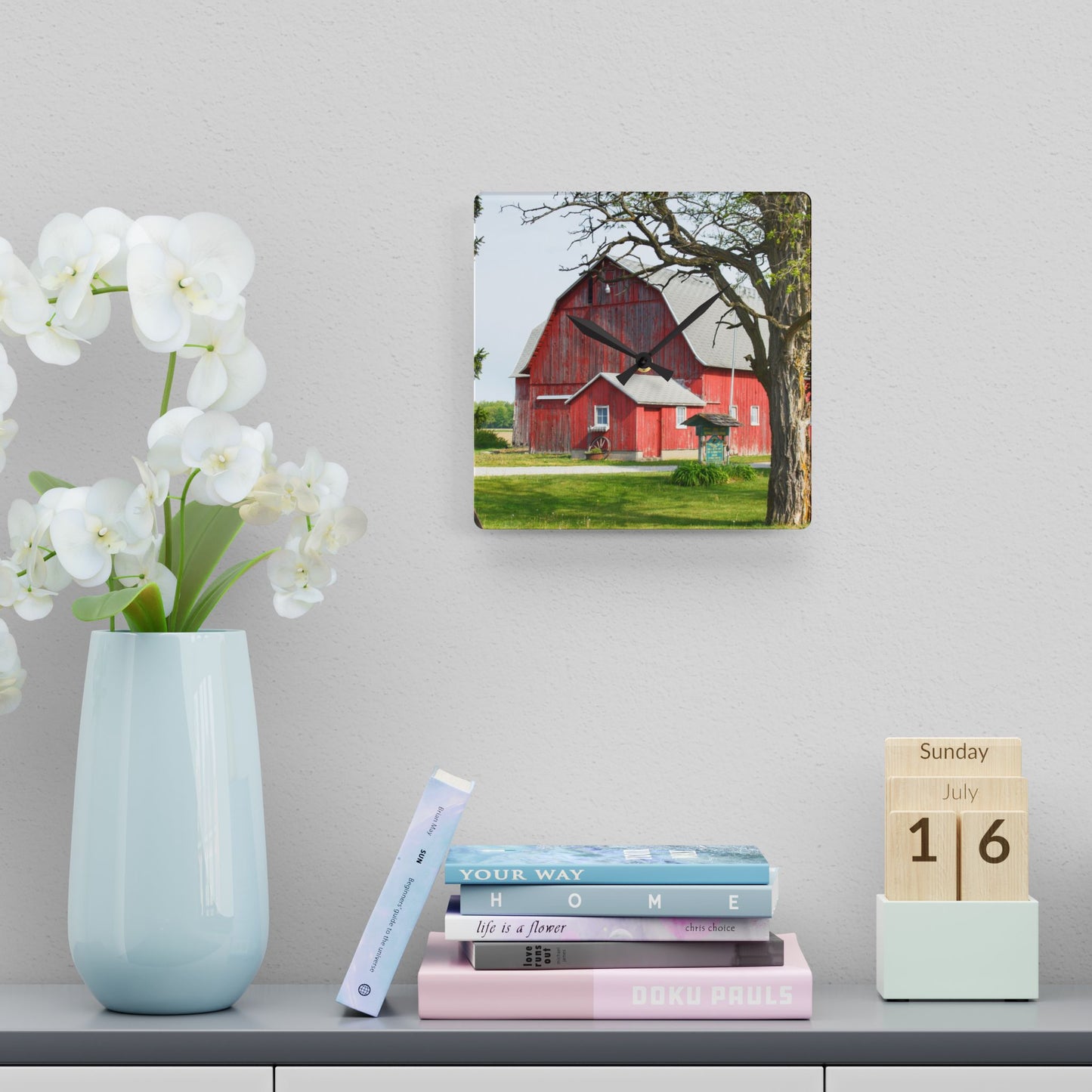 U R There Photography French Road Centennial Reds I Rustic Farmhouse Acrylic Analog Wall Clock