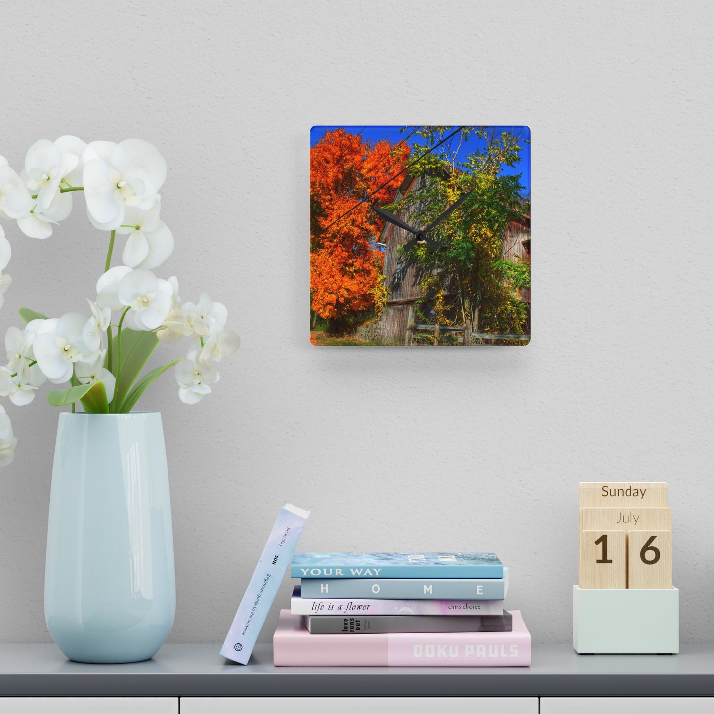 U R There Photography Oxford Rusted Red in Fall Rustic Farmhouse Acrylic Analog Wall Clock