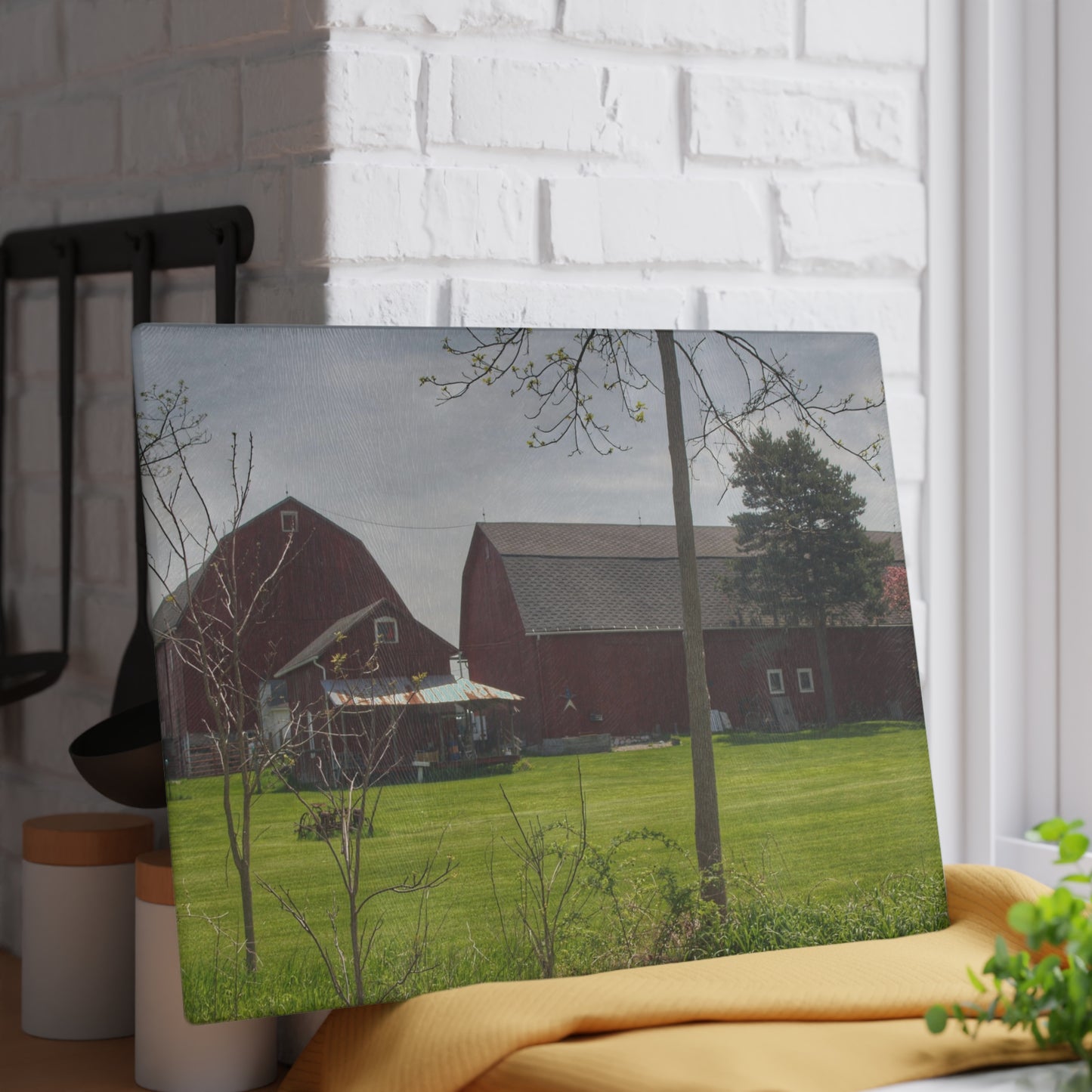 U R There Photography Bishop Road Reds I Rustic Farmhouse Tempered-Glass Cutting Board 8"x 11"
