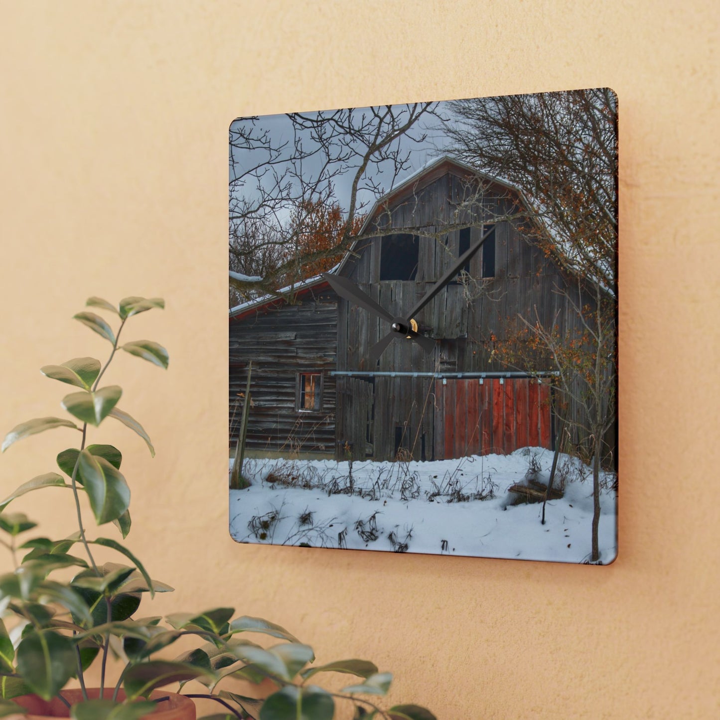 U R There Photography Hayes Road Grey in Winter I Rustic Farmhouse Acrylic Analog Wall Clock