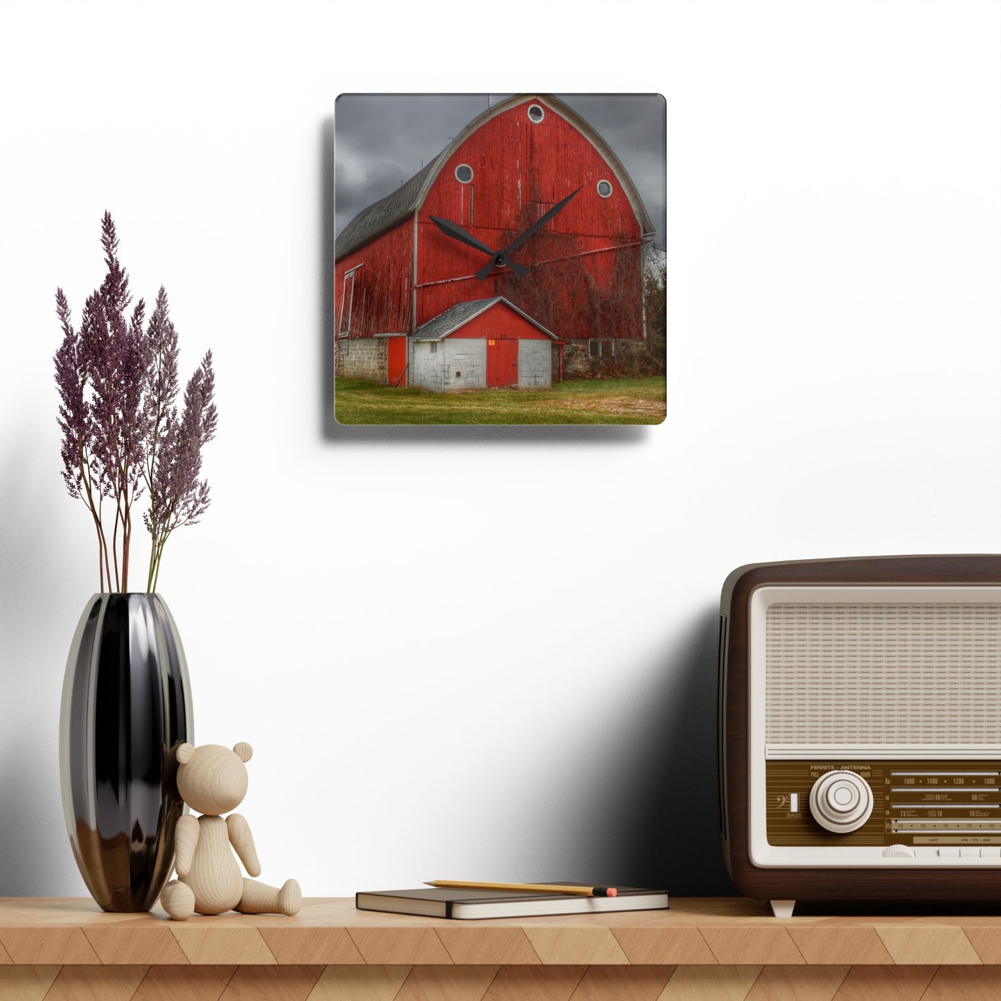 U R There Photography Slattery Road Fieldstone Red Rustic Farmhouse Acrylic Analog Wall Clock