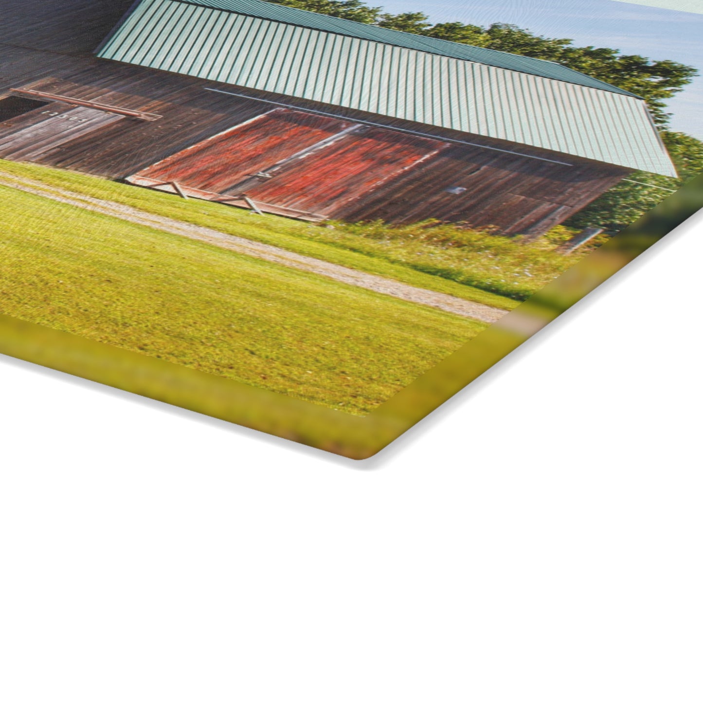 U R There Photography Red Door Barn of Mount Morris Road Rustic Farmhouse Tempered-Glass Cutting Board