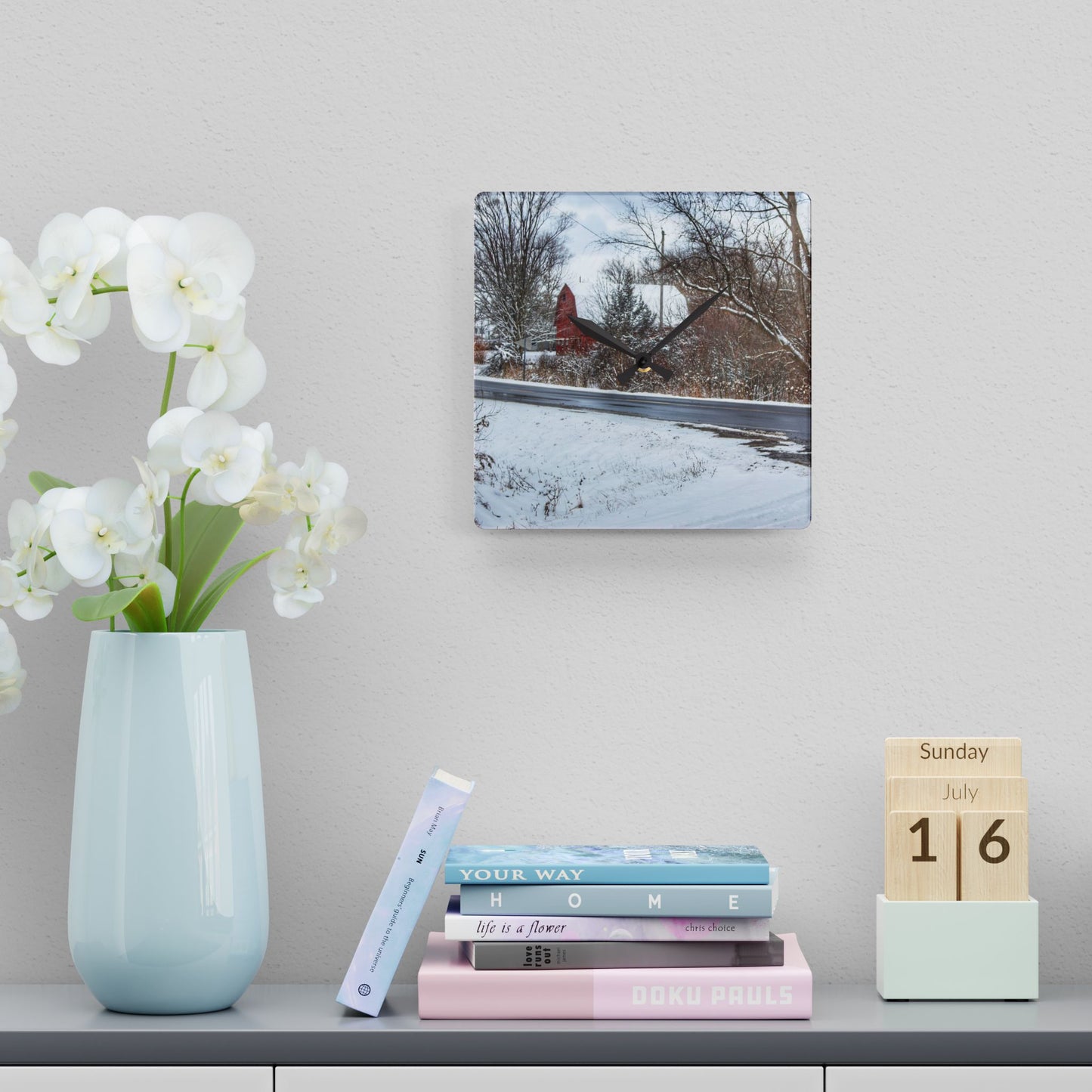 U R There Photography Dodge Road Winter Red Rustic Farmhouse Acrylic Analog Wall Clock