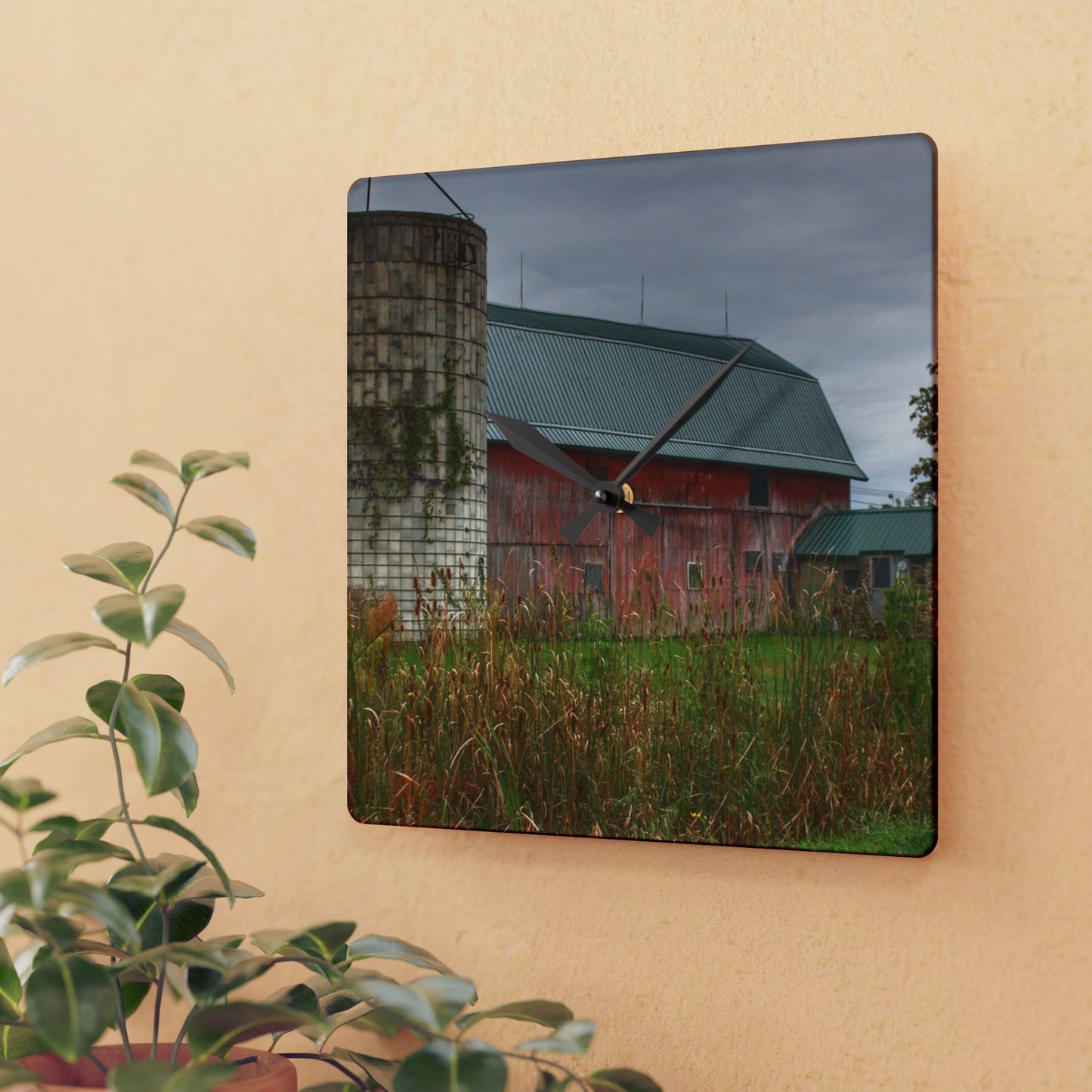 U R There Photography Plumb Creek Road Red II Rustic Farmhouse Acrylic Analog Wall Clock