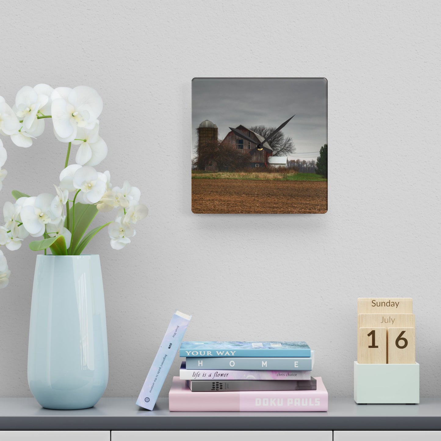 U R There Photography Reinelt Road Red Rustic Farmhouse Acrylic Analog Wall Clock