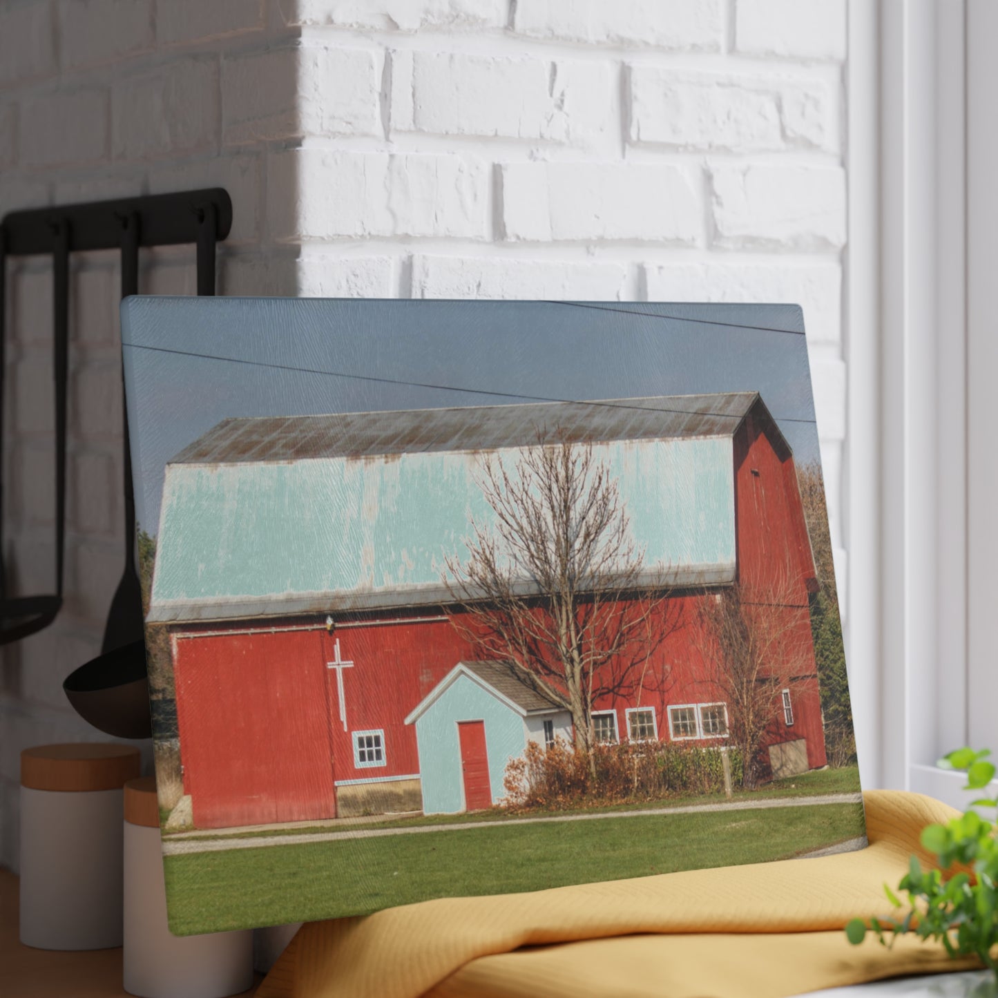 U R There Photography Bray Road Red I Rustic Farmhouse Tempered-Glass Cutting Board