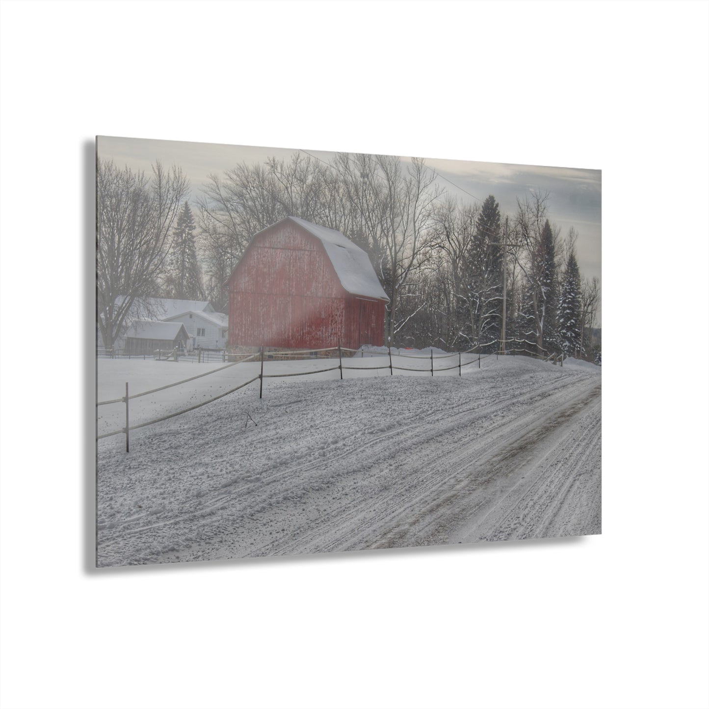 U R There Photography Phillips Road Winter Red Rustic Farmhouse Acrylic Wall Print 14 "x 11"