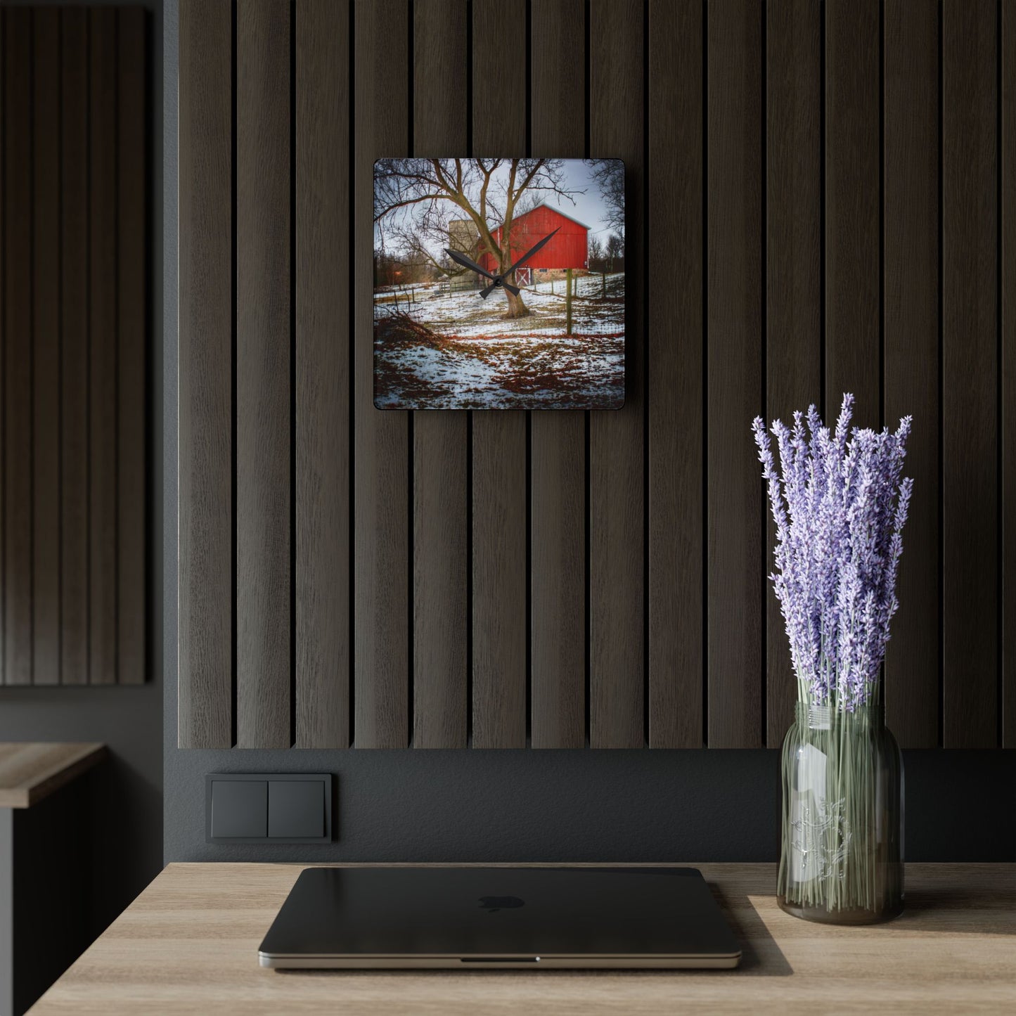 U R There Photography LeValley Road Red and Silo Rustic Farmhouse Acrylic Analog Wall Clock