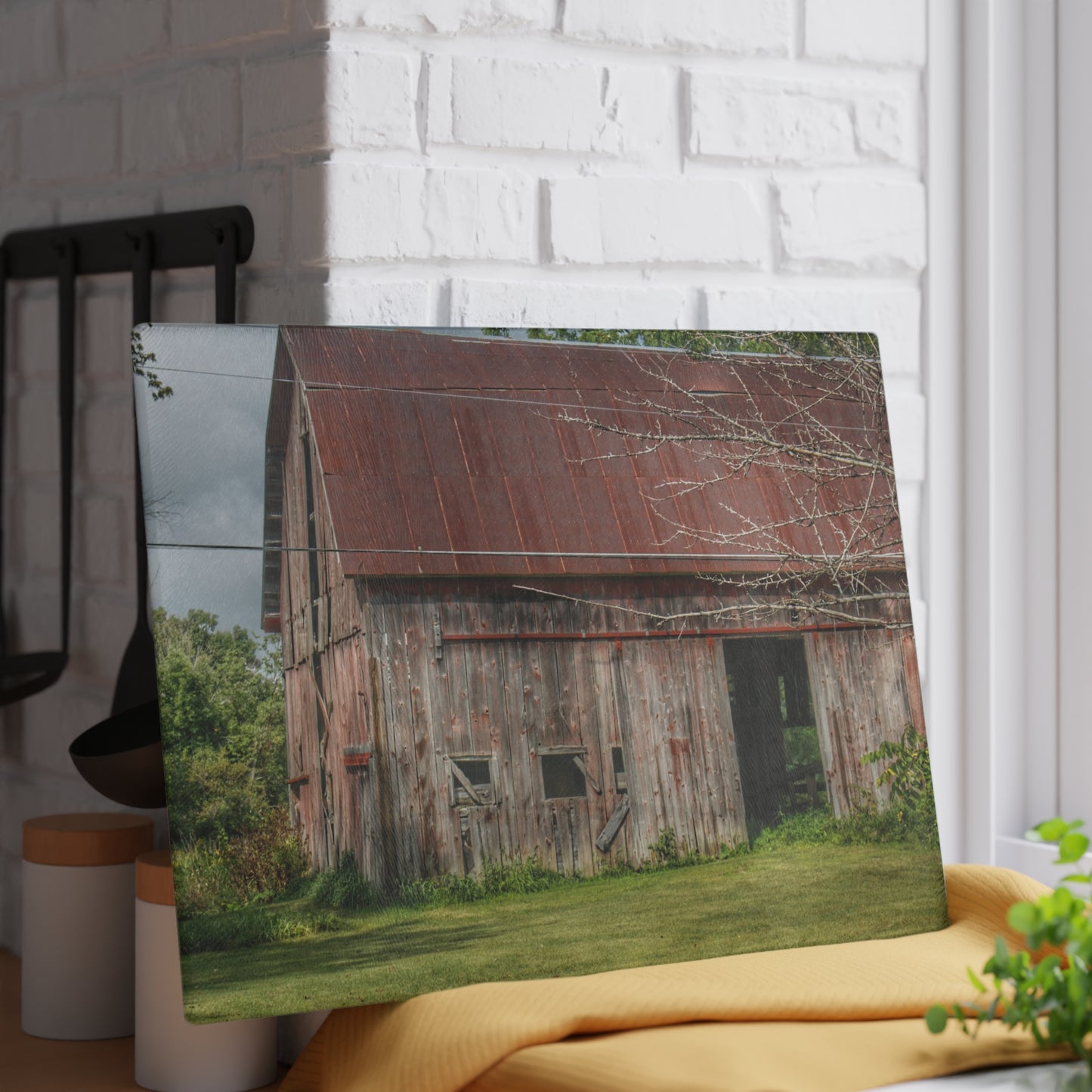U R There Photography Columbiaville Roadside Grey and Rusted Rustic Farmhouse Tempered-Glass Cutting Board