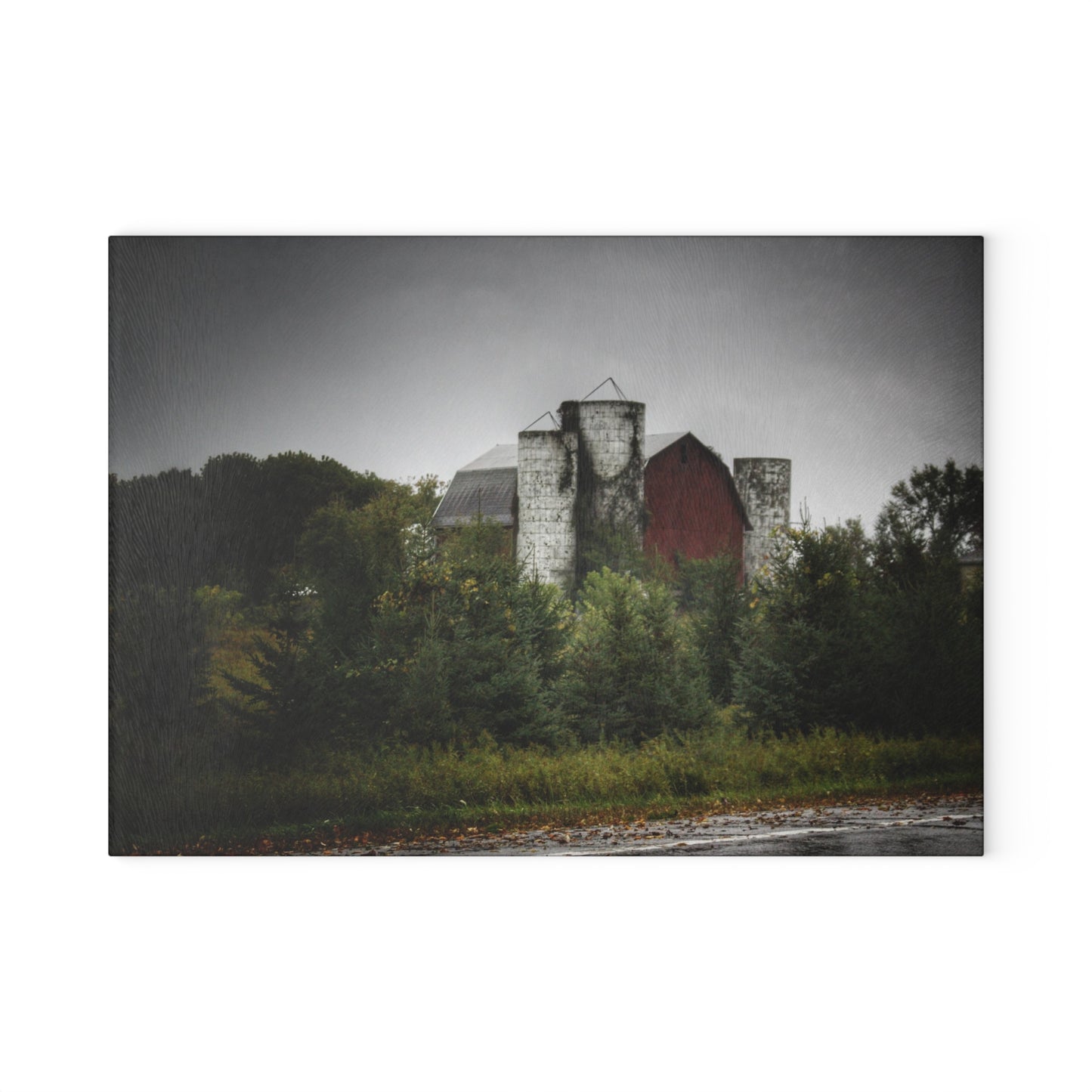 U R There Photography Castle Road Red and Silos in the Rain Rustic Farmhouse Tempered-Glass Cutting Board