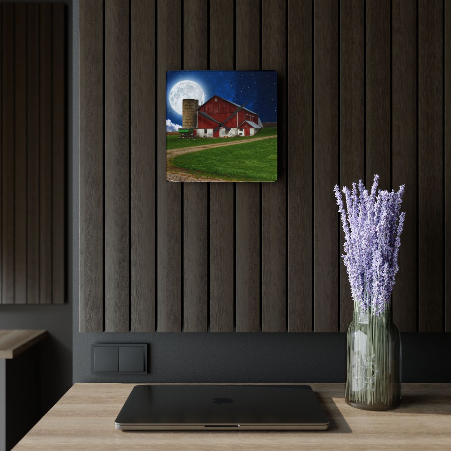 U R There Photography Fostoria Red in the Moonlight Rustic Farmhouse Acrylic Analog Wall Clock