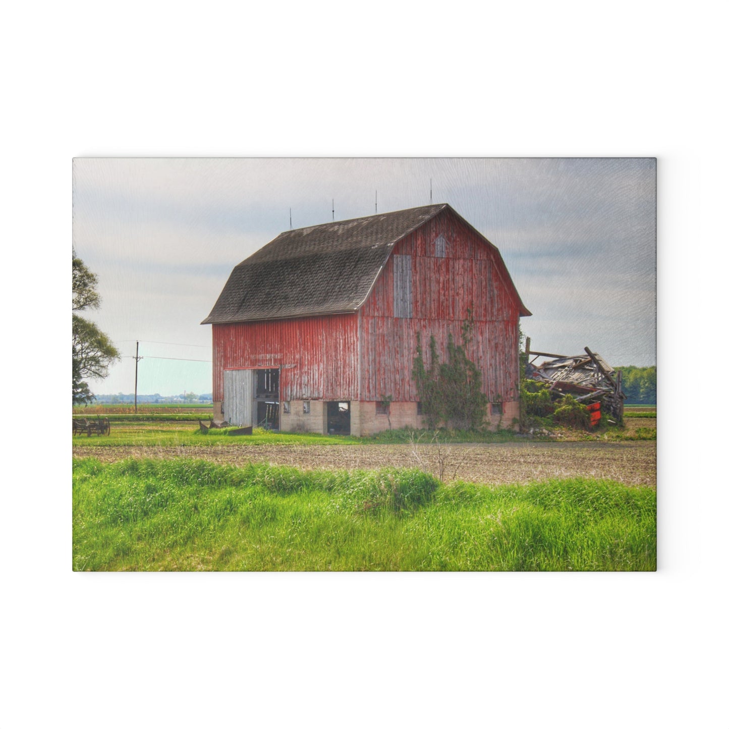 U R There Photography Unionville Elmwood Road Red II Rustic Farmhouse Tempered-Glass Cutting Board