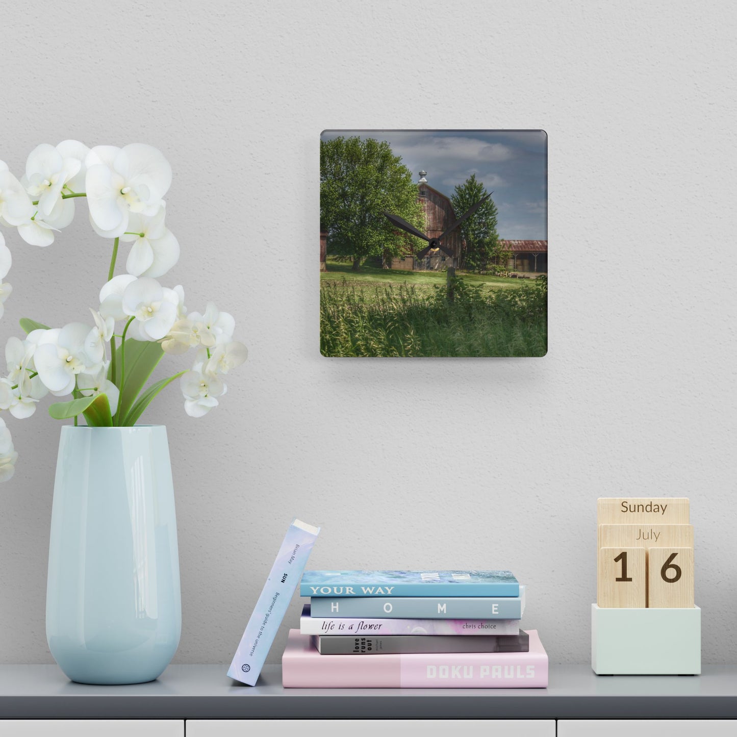 U R There Photography Ross Road Red Rustic Farmhouse Acrylic Analog Wall Clock
