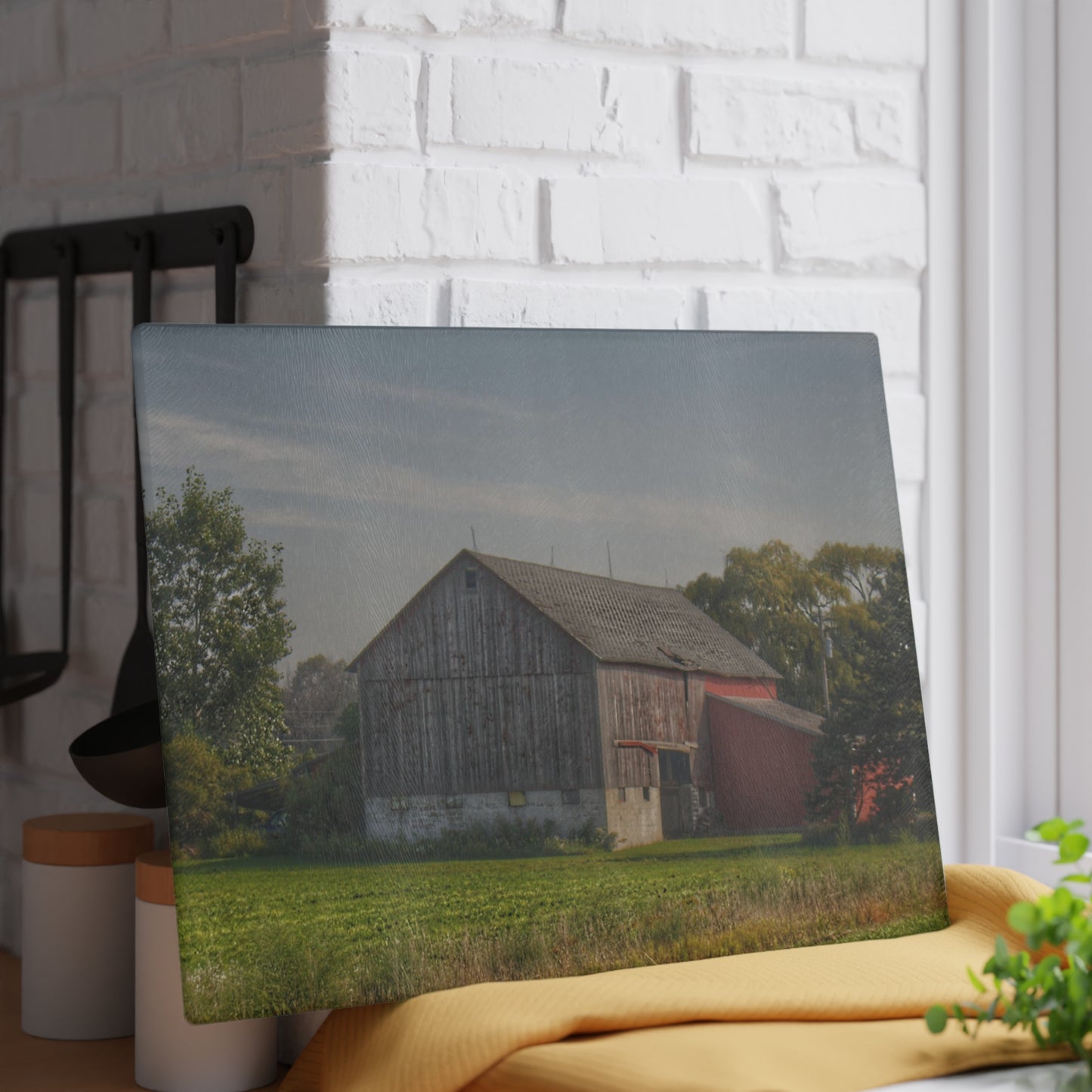 U R There Photography Pigeon Grey Saltbox Rustic Farmhouse Tempered-Glass Cutting Board