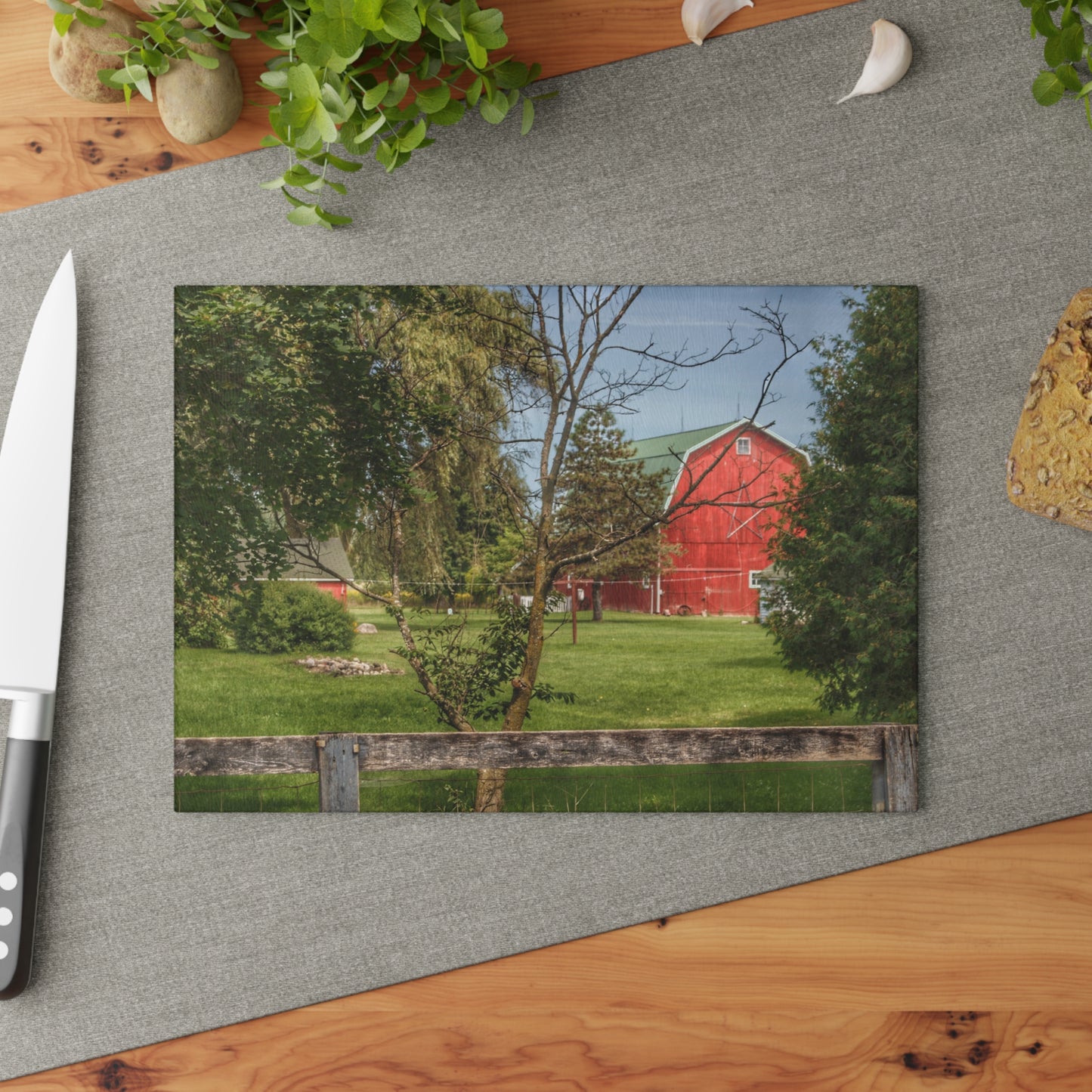 U R There Photography Roadside Red Beyond the Fence Rustic Farmhouse Tempered-Glass Cutting Board