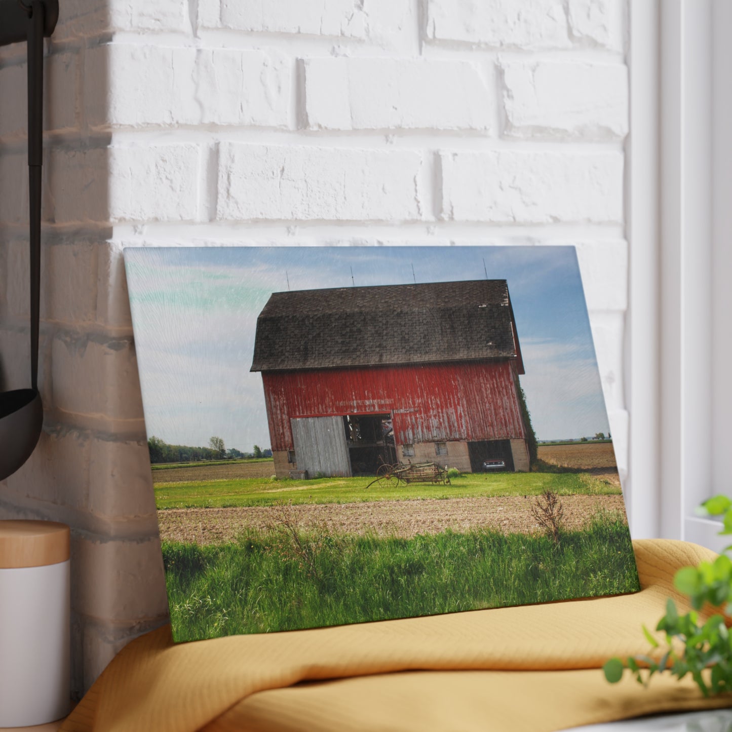 U R There Photography Unionville Elmwood Road Red I Rustic Farmhouse Tempered-Glass Cutting Board