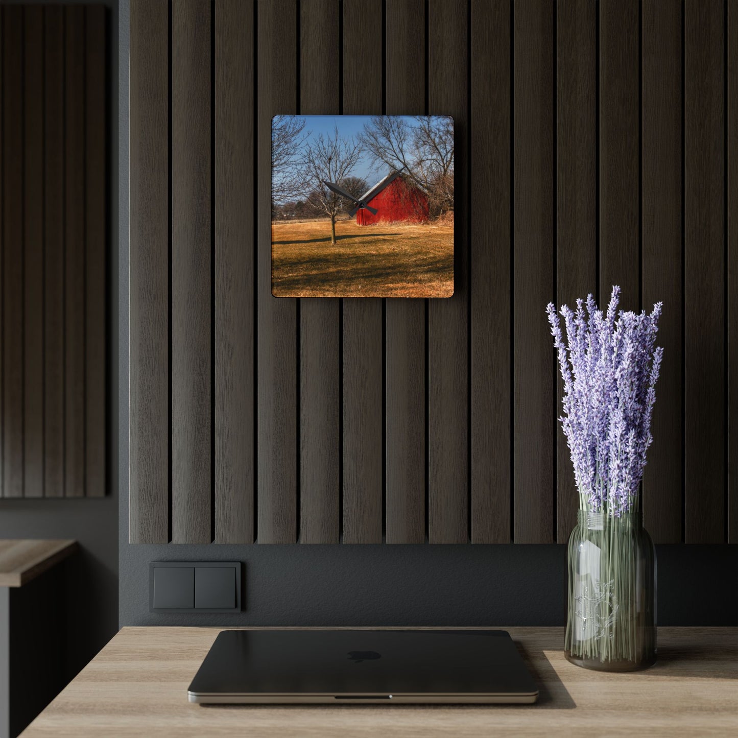 U R There Photography Romeo Plank Little Red Rustic Farmhouse Acrylic Analog Wall Clock
