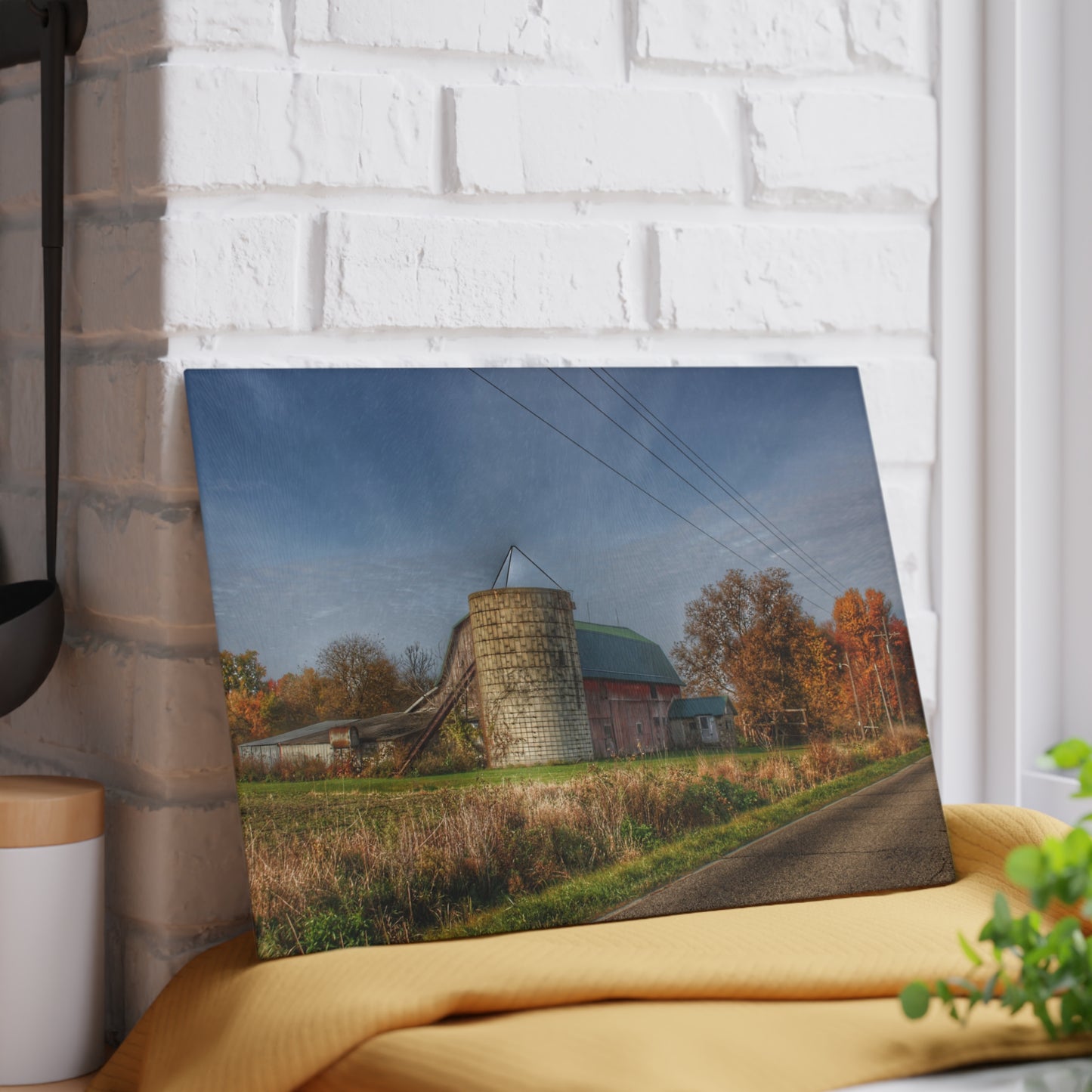 U R There Photography Plumb Creek Road Red in Fall I Rustic Farmhouse Tempered-Glass Cutting Board