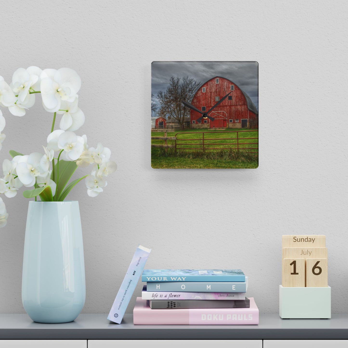 U R There Photography Beyond the Fence Red Rustic Farmhouse Acrylic Analog Wall Clock