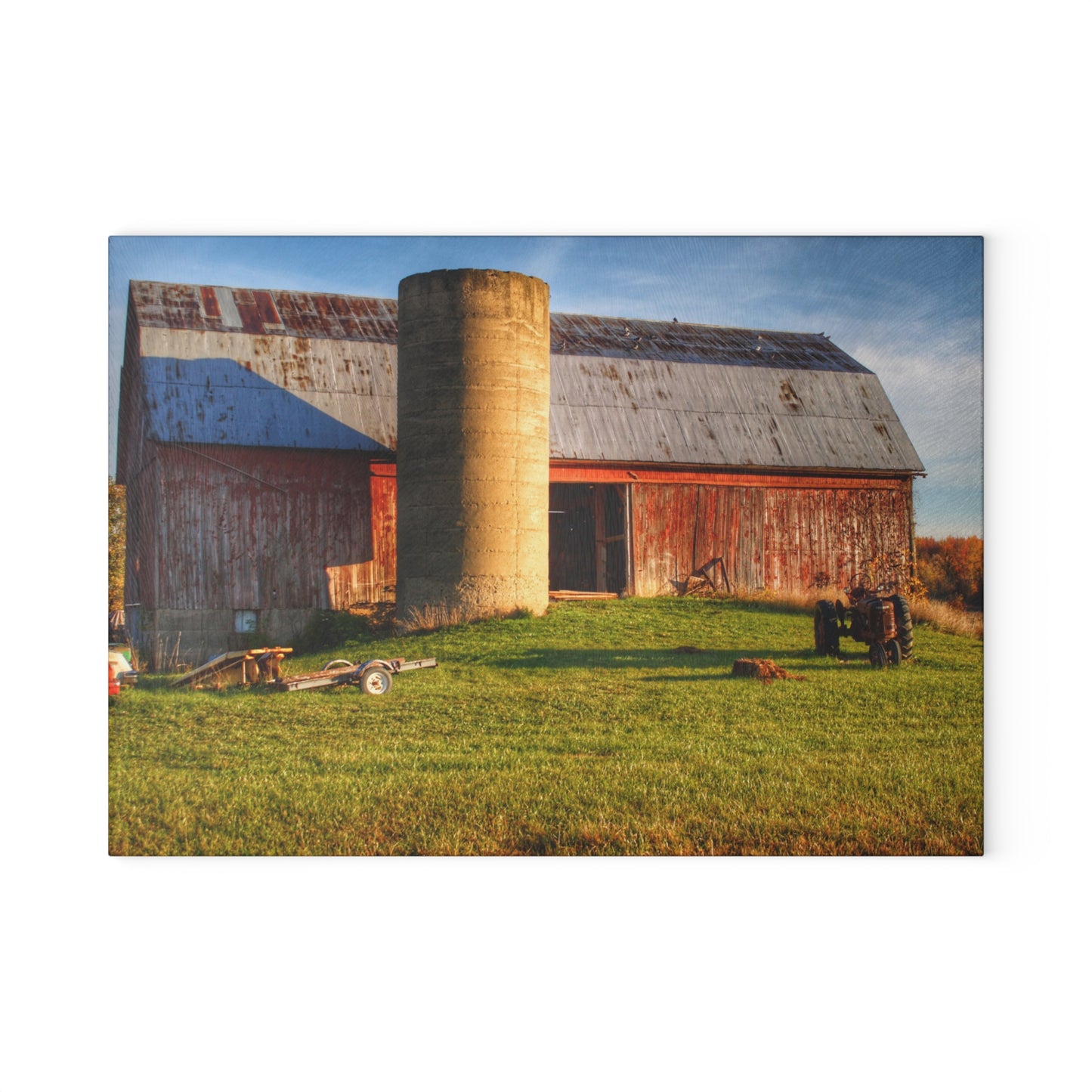 U R There Photography Peck Road Red and Silo Rustic Farmhouse Tempered-Glass Cutting Board 8"x 11"