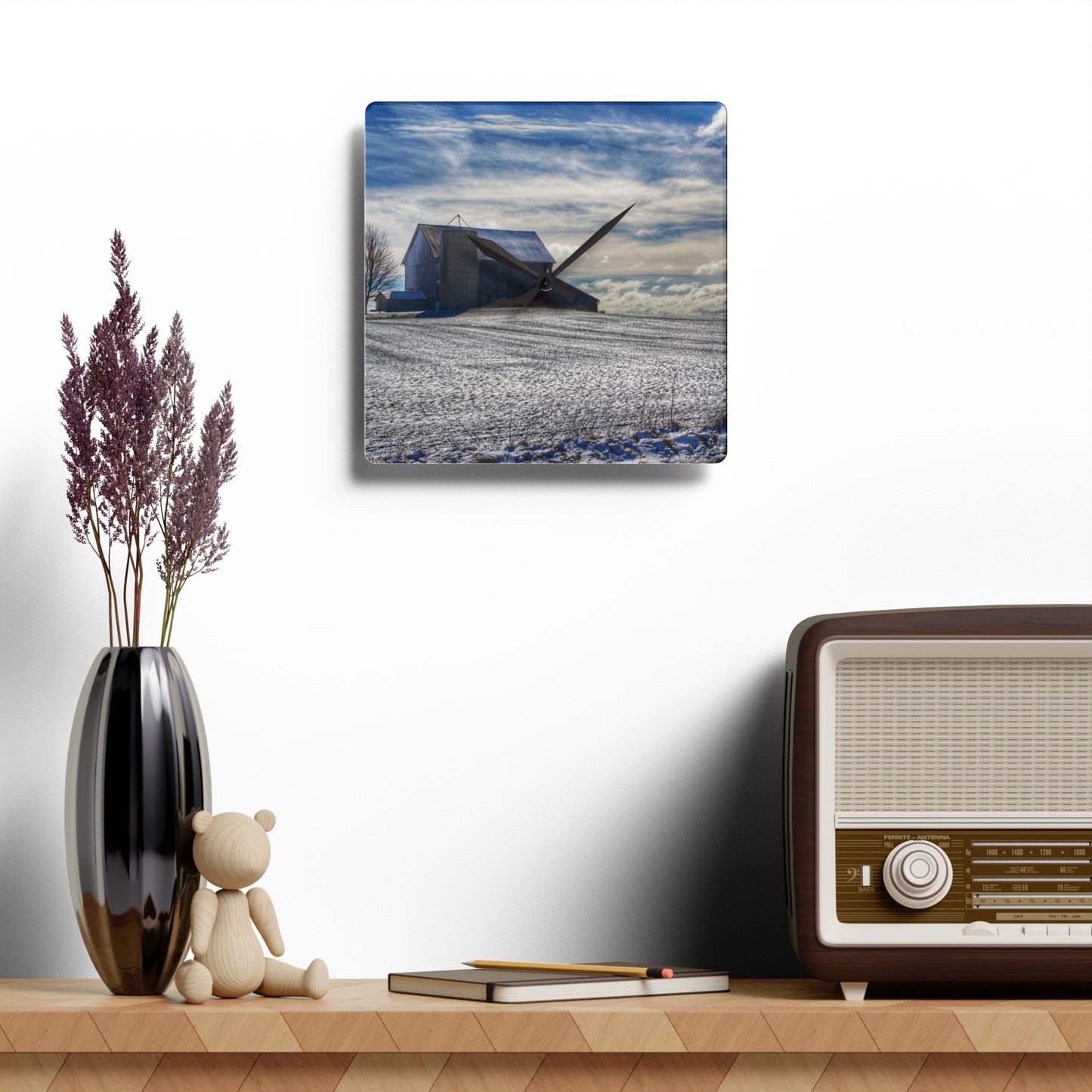 U R There Photography Early Spring Grey I Rustic Farmhouse Acrylic Analog Wall Clock