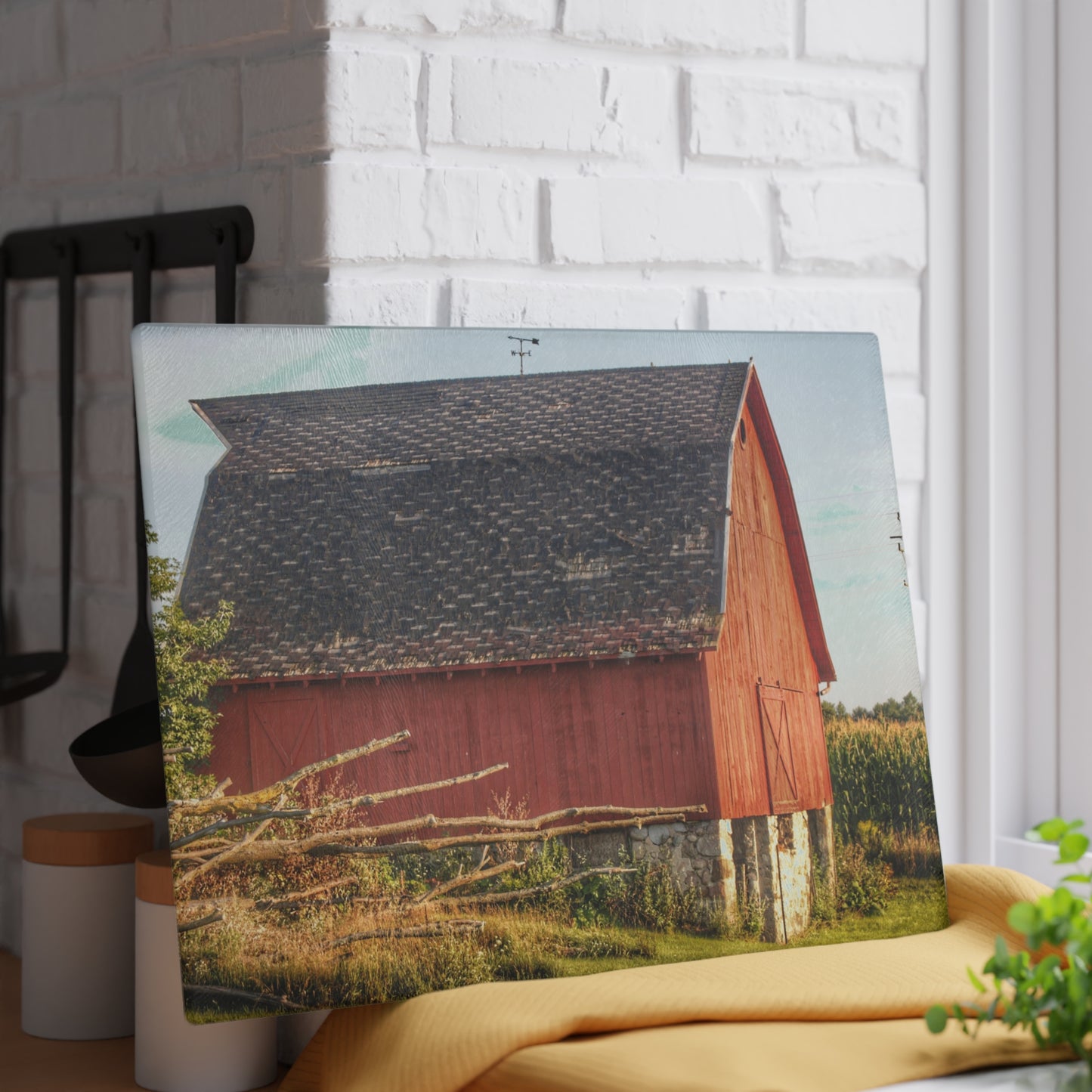 U R There Photography Otter Lake Road Red II Rustic Farmhouse Tempered-Glass Cutting Board