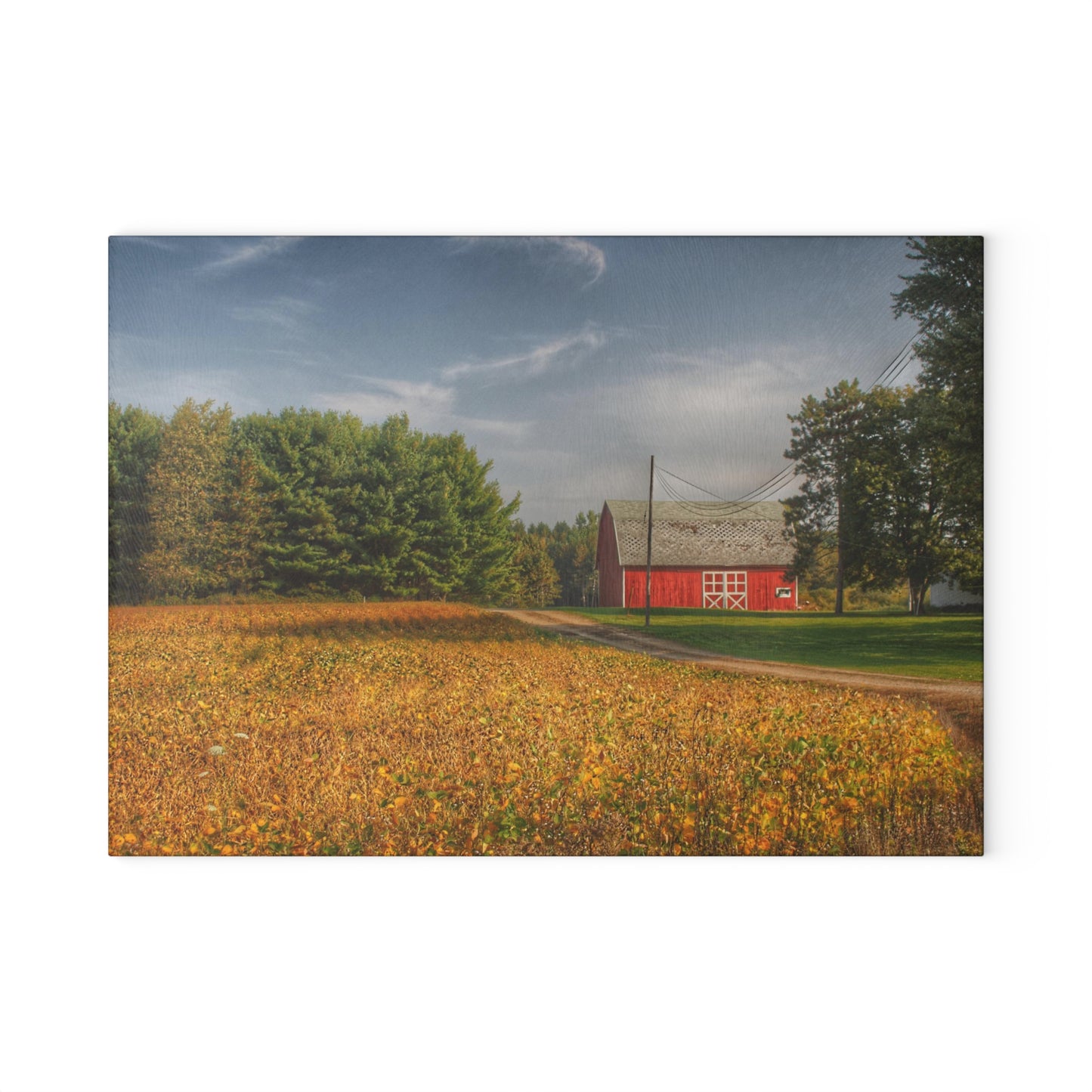 U R There Photography Red Barn on Golden Field Rustic Farmhouse Tempered-Glass Cutting Board