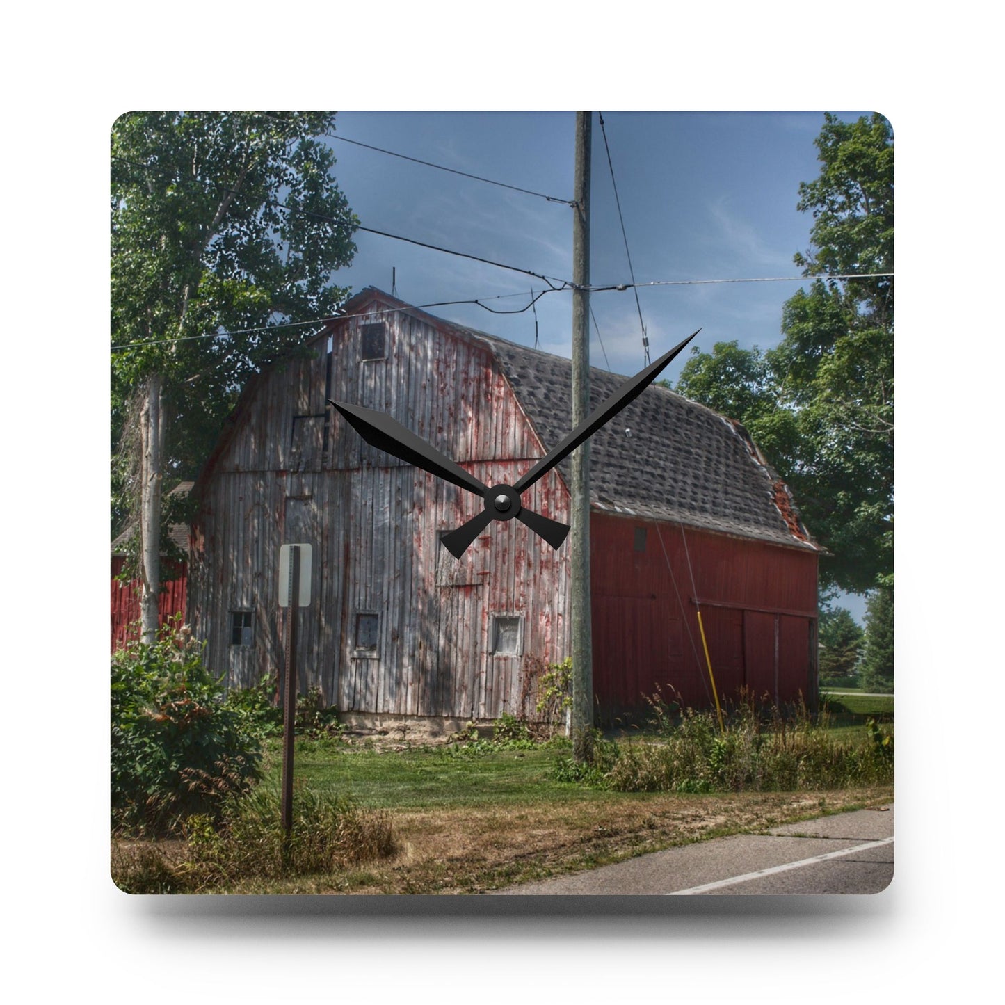 U R There Photography Roods Lake Road Red II Rustic Farmhouse Acrylic Analog Wall Clock