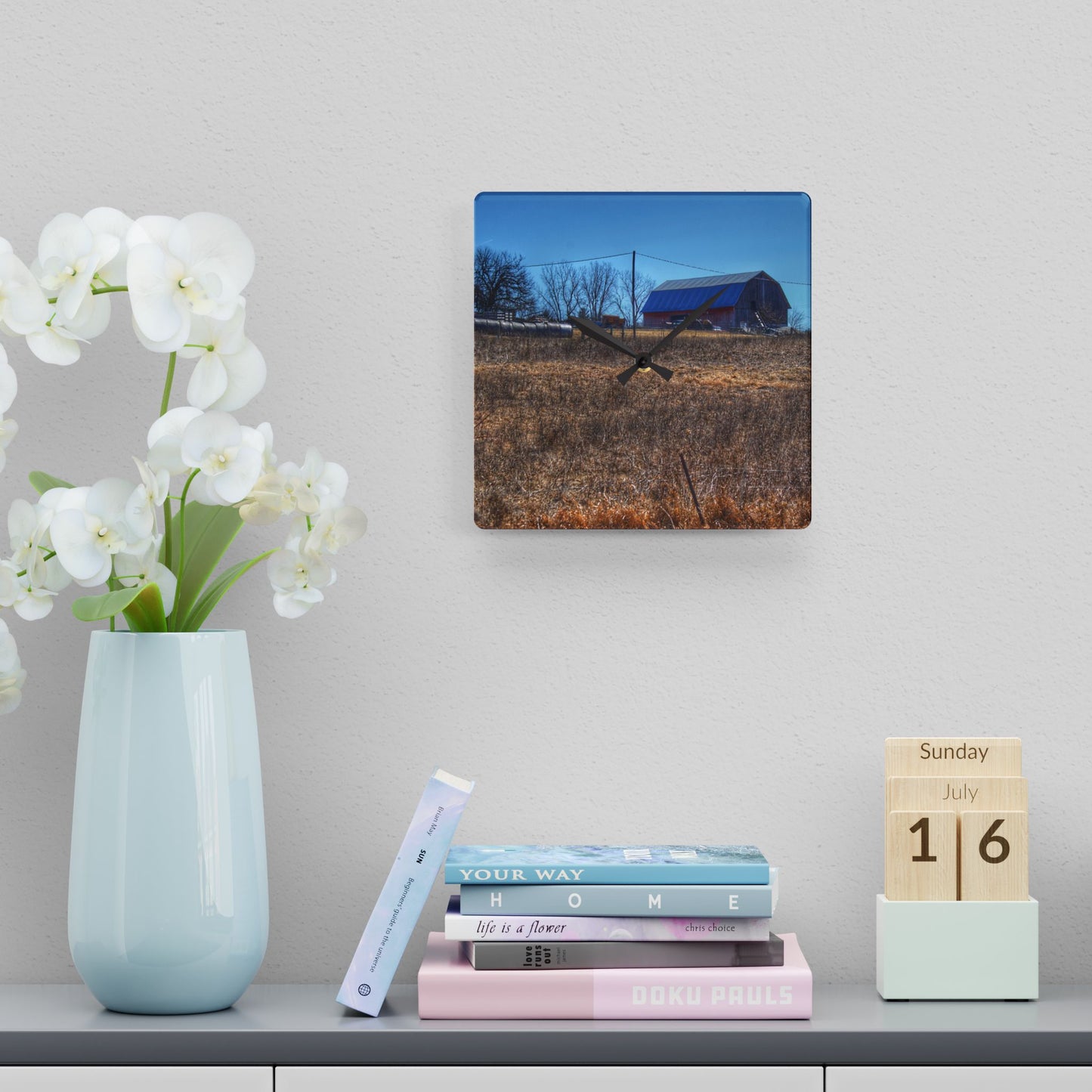 U R There Photography Marathon Haybarn on the Hill I Rustic Farmhouse Acrylic Analog Wall Clock