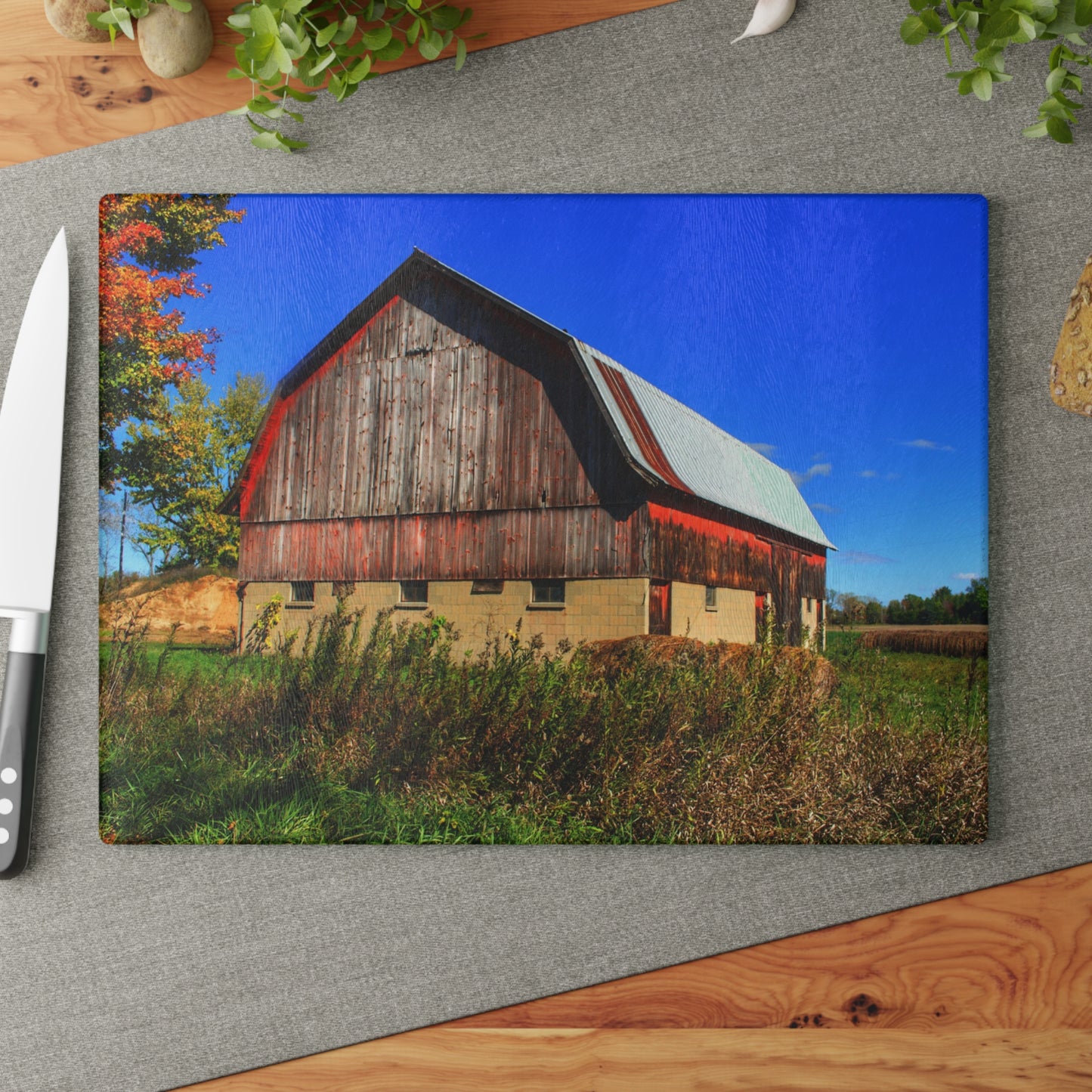 U R There Photography Byington Road Red II Rustic Farmhouse Tempered-Glass Cutting Board