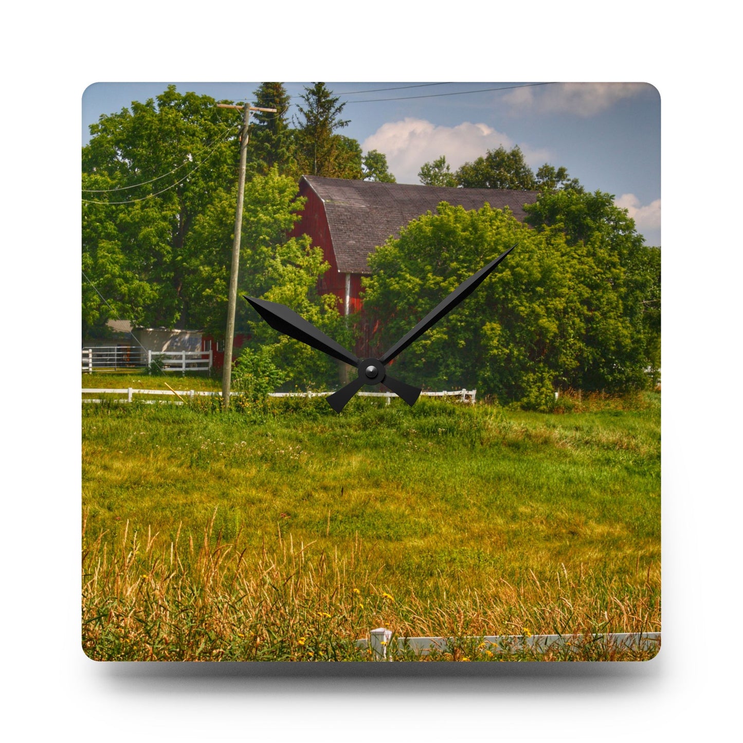 U R There Photography Hidden Red Beyond the Fence Rustic Farmhouse Acrylic Analog Wall Clock