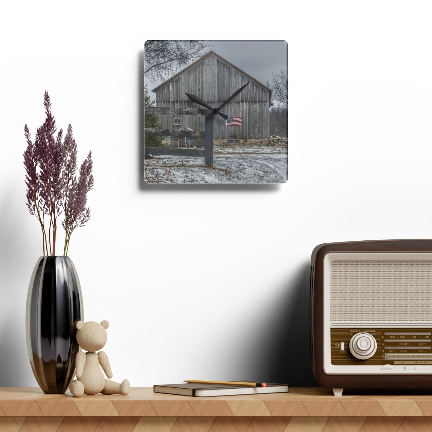 U R There Photography Sutton Road Patriot Grey I Rustic Farmhouse Acrylic Analog Wall Clock