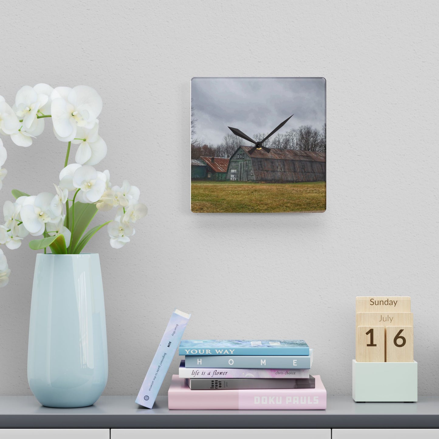 U R There Photography Hough Road Green Quonset III Rustic Farmhouse Acrylic Analog Wall Clock