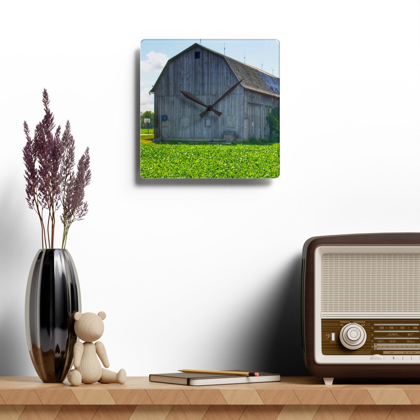 U R There Photography Morning Roadside Grey Rustic Farmhouse Acrylic Analog Wall Clock