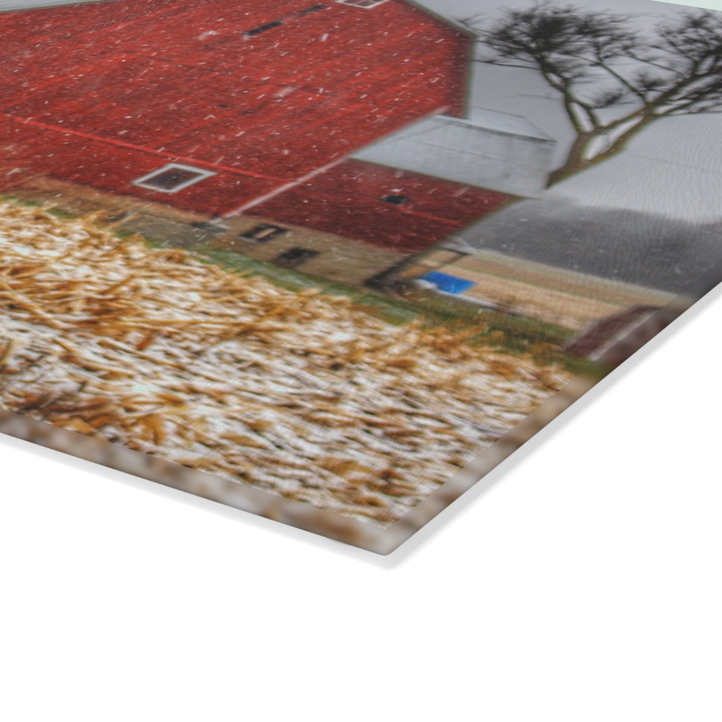 U R There Photography Shoemaker Road Winter Reds I Rustic Farmhouse Tempered-Glass Cutting Board