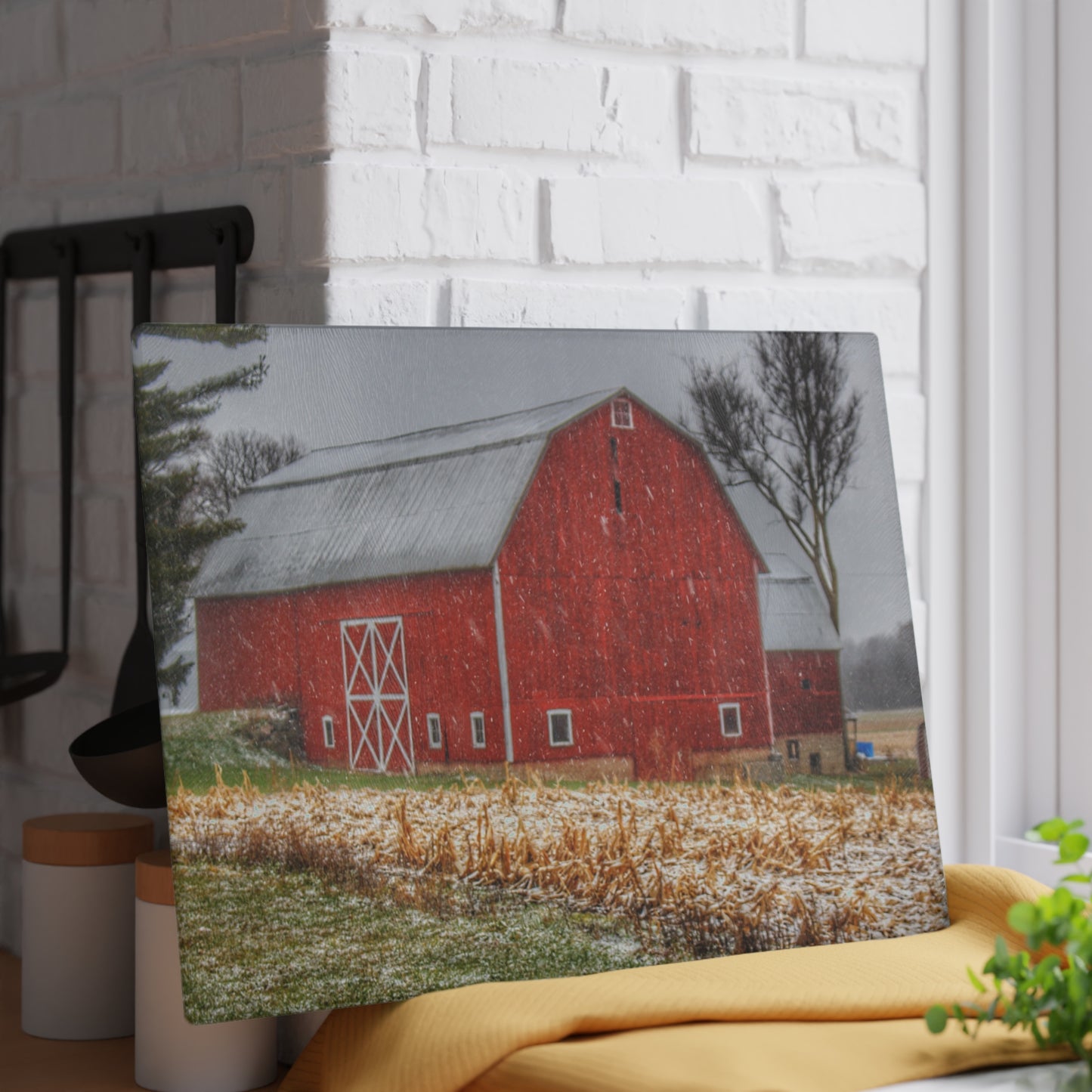 U R There Photography Shoemaker Road Winter Reds I Rustic Farmhouse Tempered-Glass Cutting Board