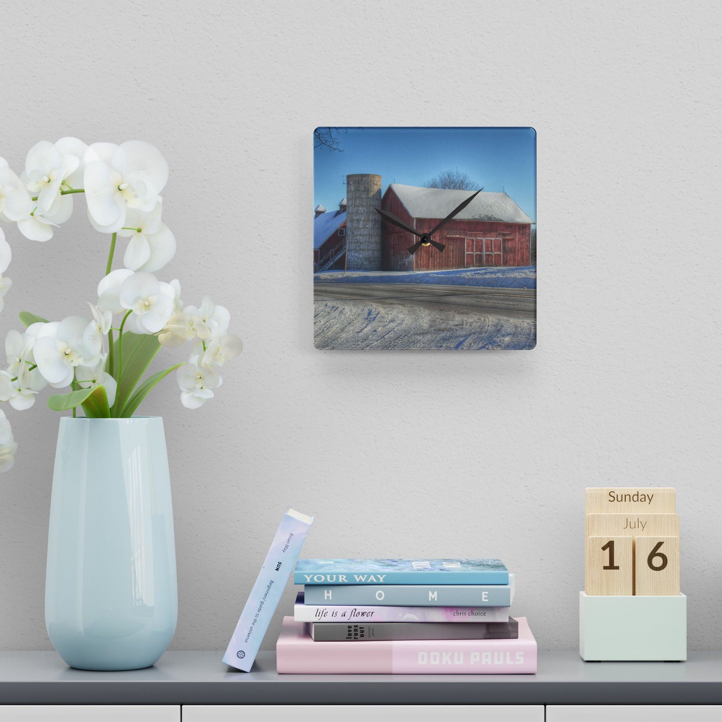 U R There Photography Metamora Red in Winter Rustic Farmhouse Acrylic Analog Wall Clock