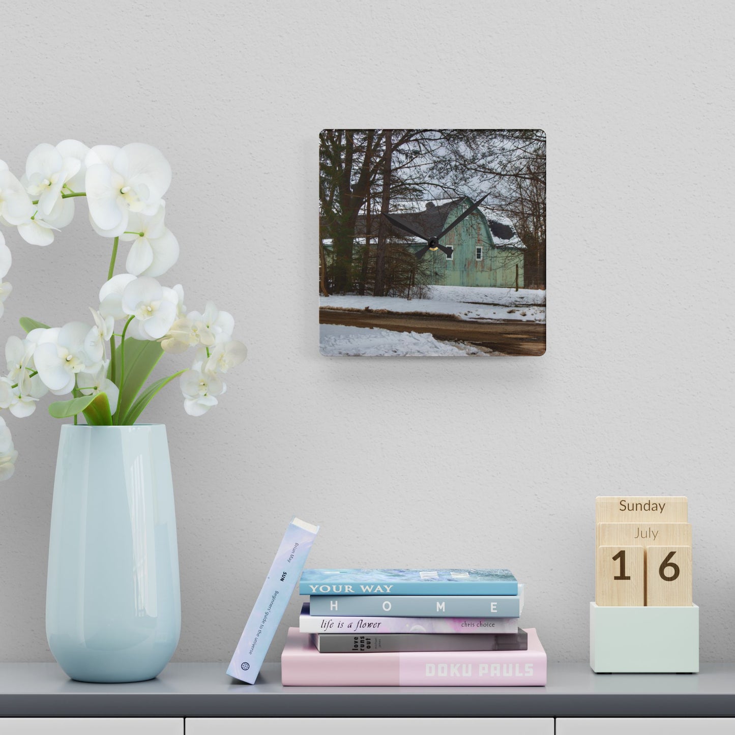 U R There Photography Hunters Creek Meadow Green Rustic Farmhouse Acrylic Analog Wall Clock