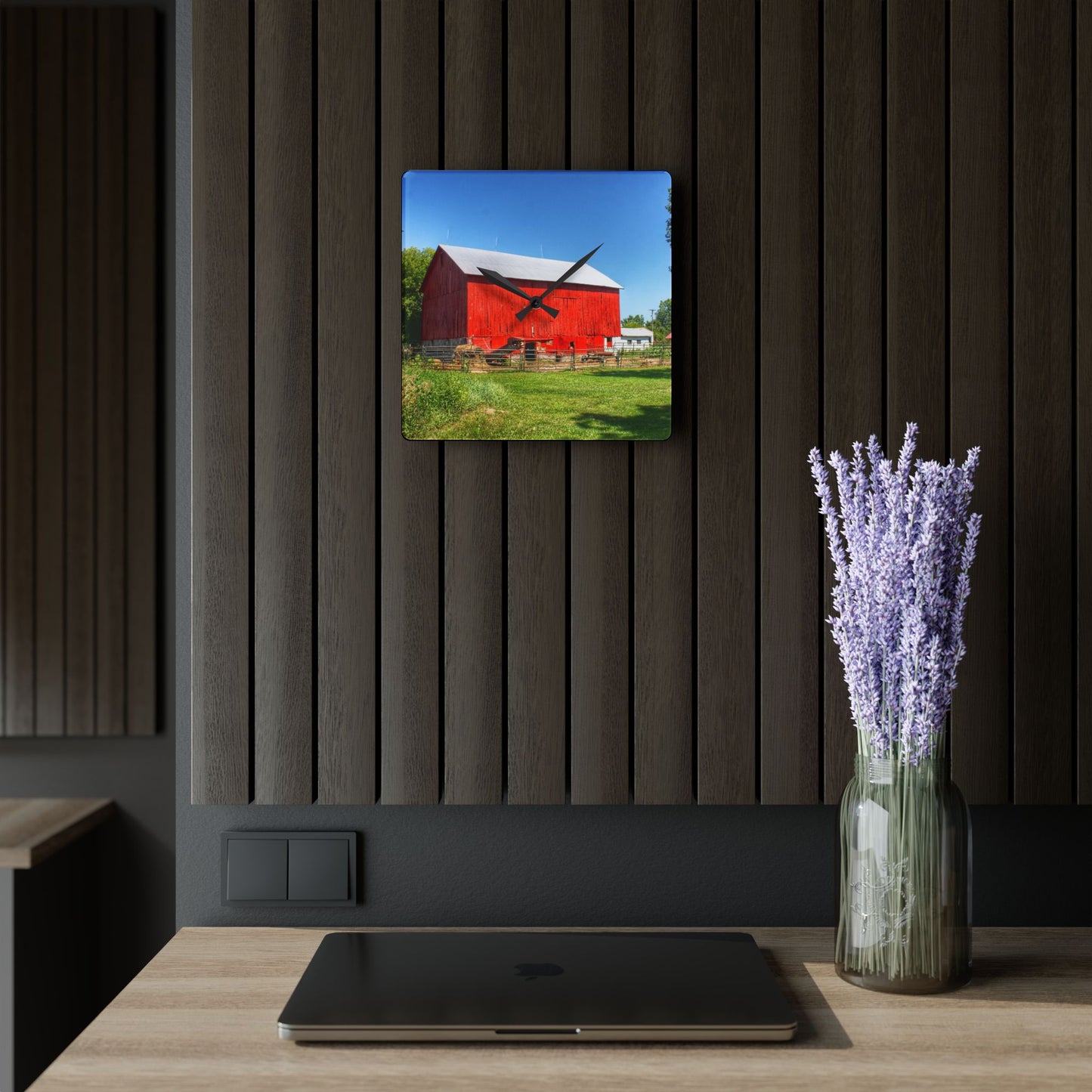 U R There Photography Harris Road Red Rustic Farmhouse Acrylic Analog Wall Clock