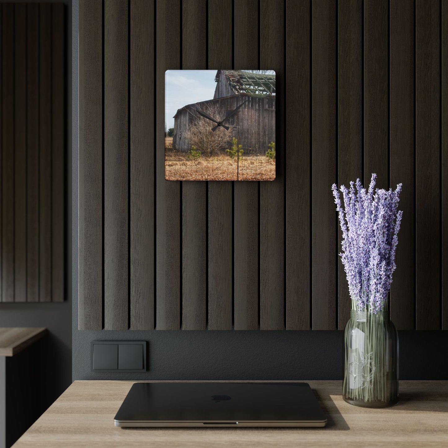 U R There Photography Leix Road Forgotten Grey II Rustic Farmhouse Acrylic Analog Wall Clock
