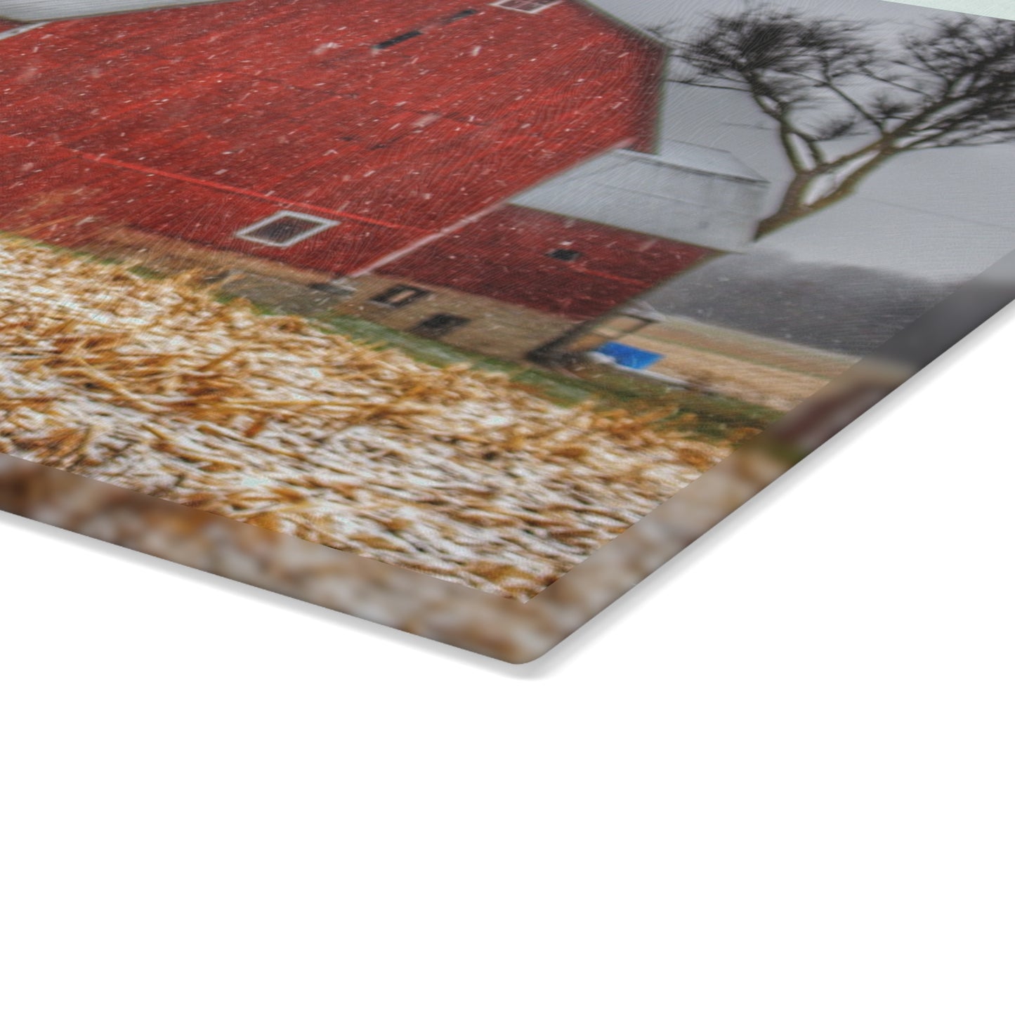 U R There Photography Shoemaker Road Winter Reds I Rustic Farmhouse Tempered-Glass Cutting Board